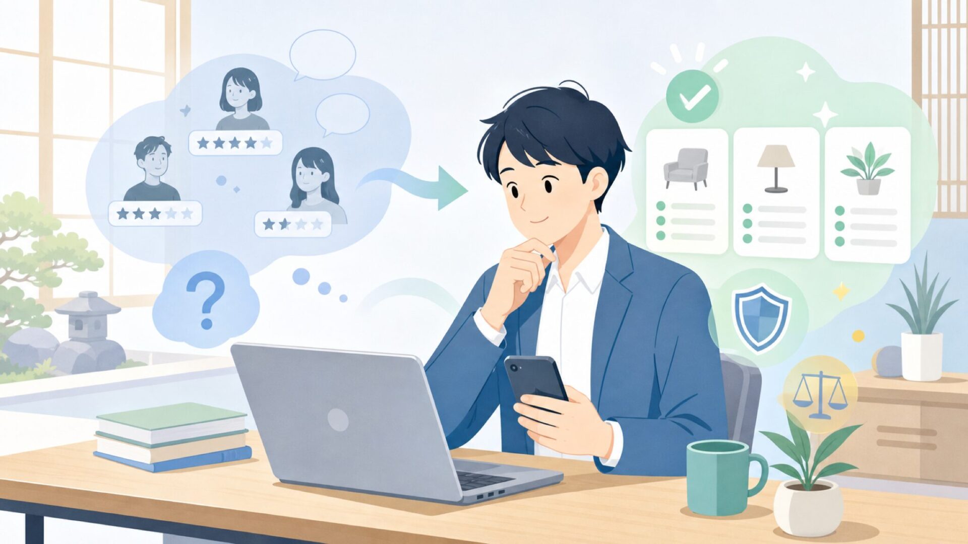 口コミ・評判からわかる購入者のリアルな声を表すイラスト
