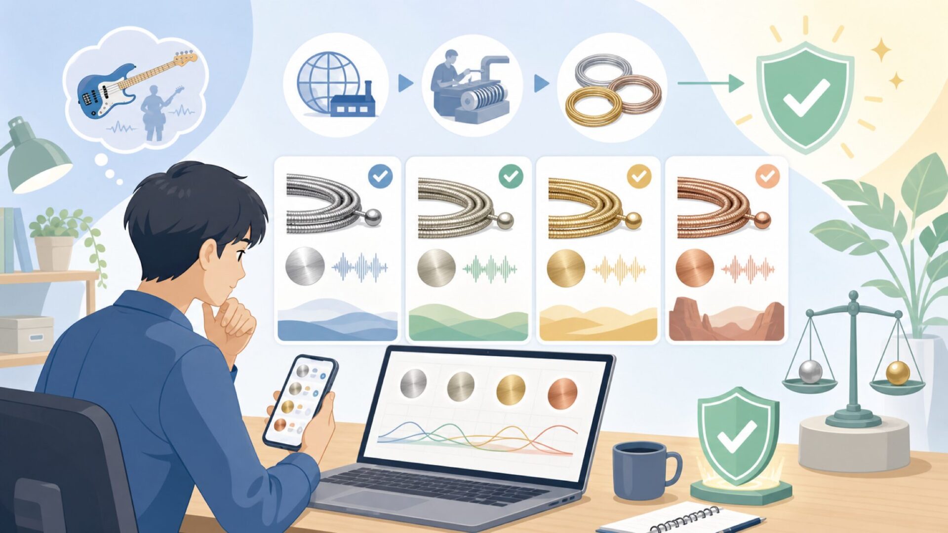 Rotosoundのベース弦としての素材別の特徴を表すイラスト