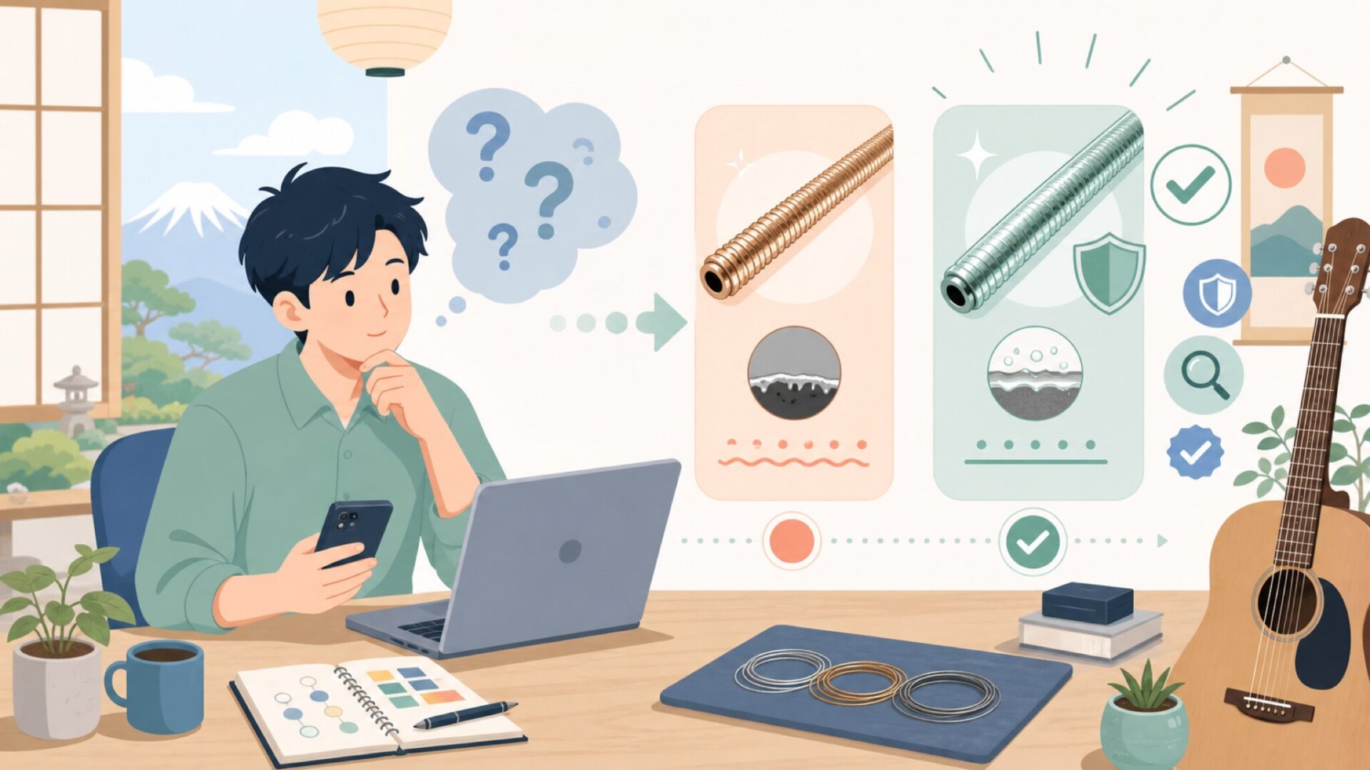 通常弦とコーティング弦「Coated Boomers」の違いを表すイラスト