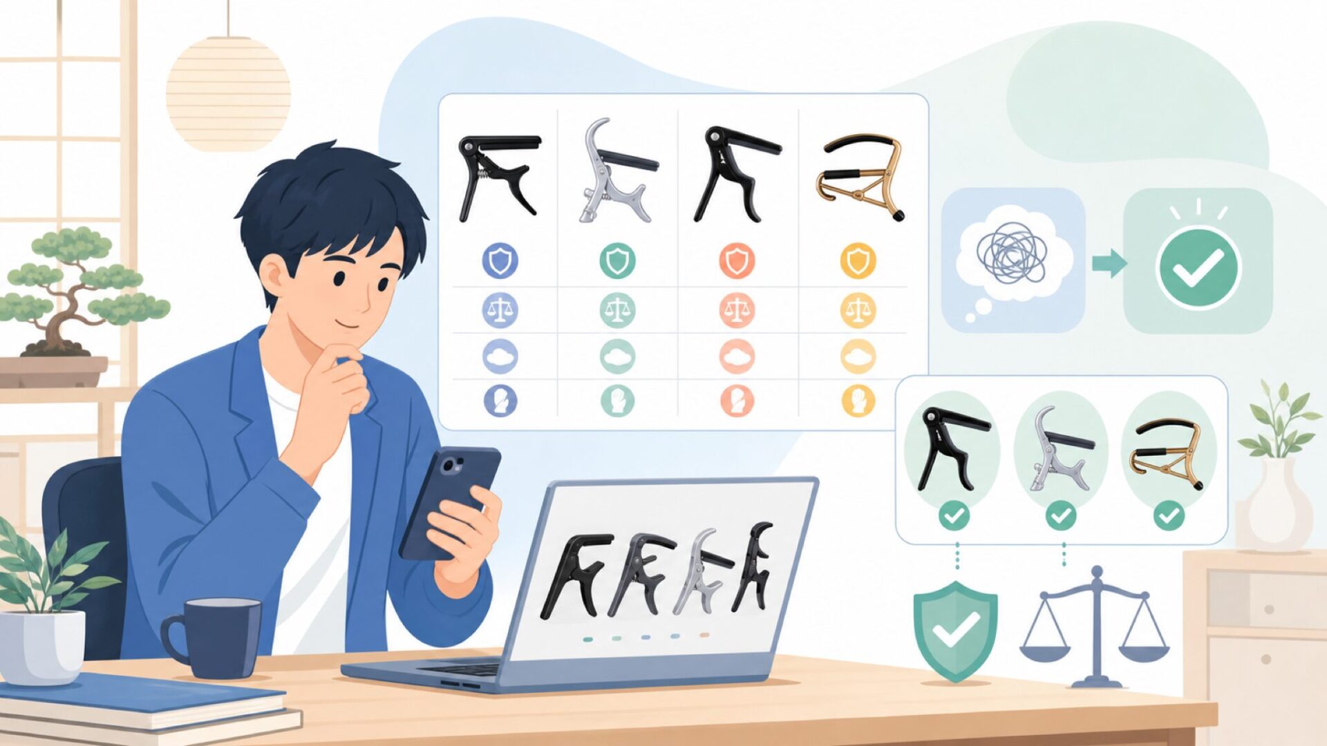 Kyserカポの種類と選び方を表すイラスト