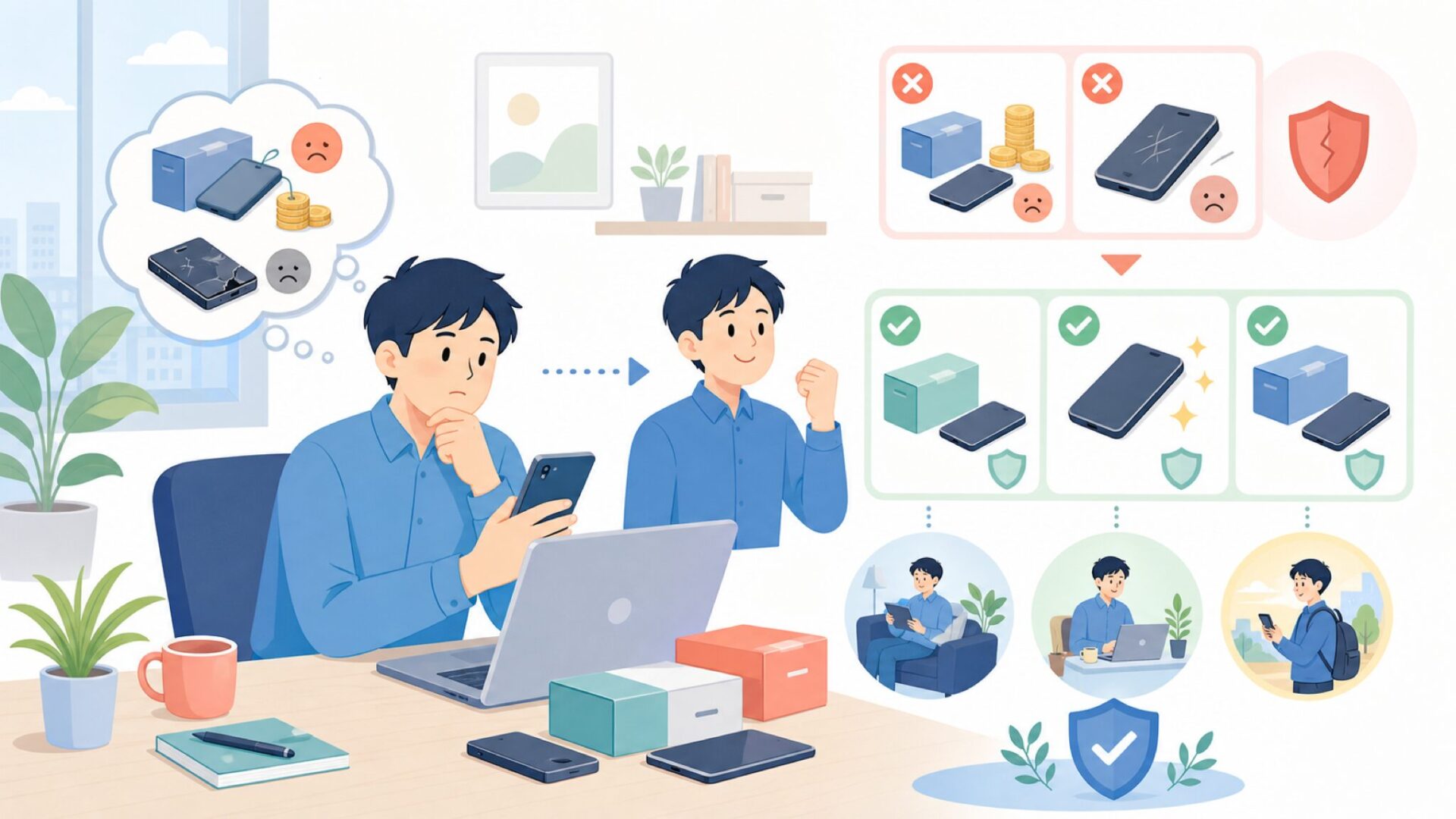 失敗しない購入先の選び方と用途別の使い分けを表すイラスト
