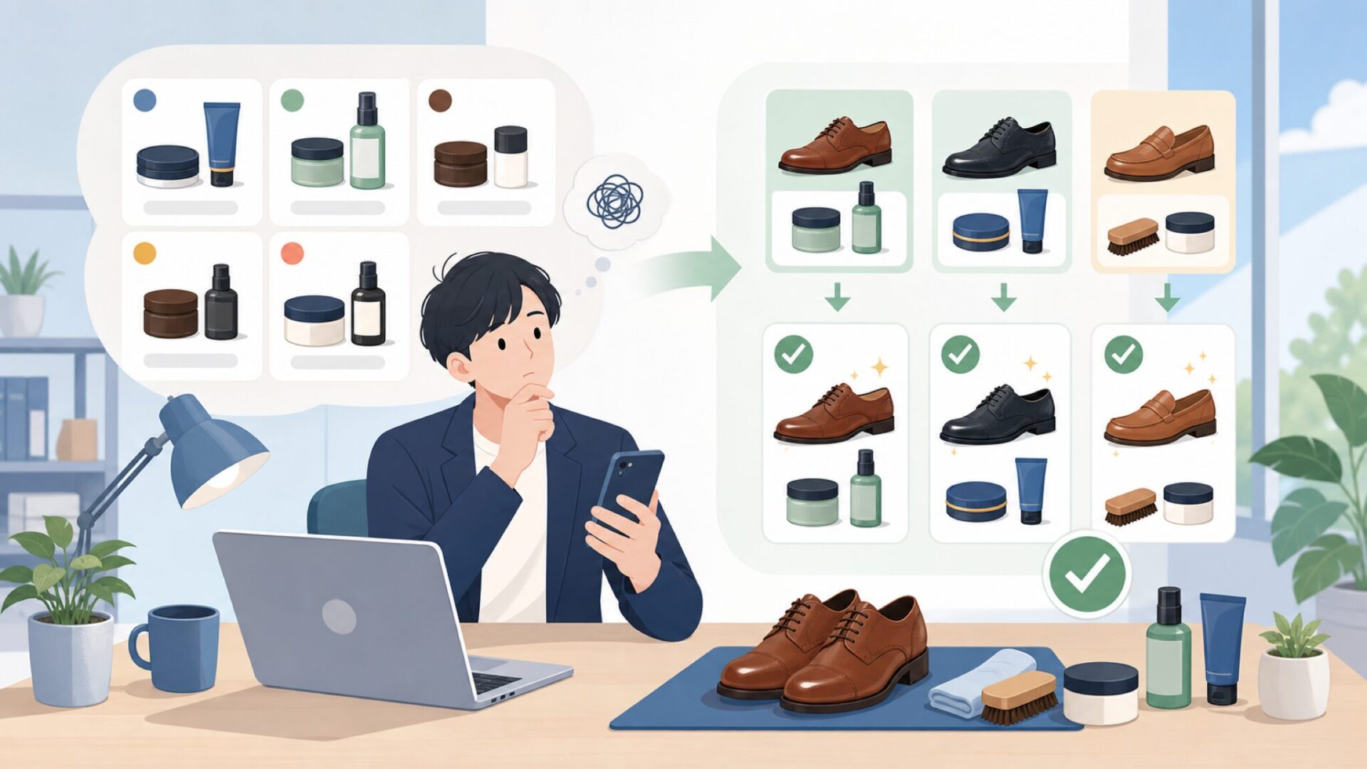 FAMACOの代表商品と選び方｜自分の革靴に合わせて選ぶを表すイラスト