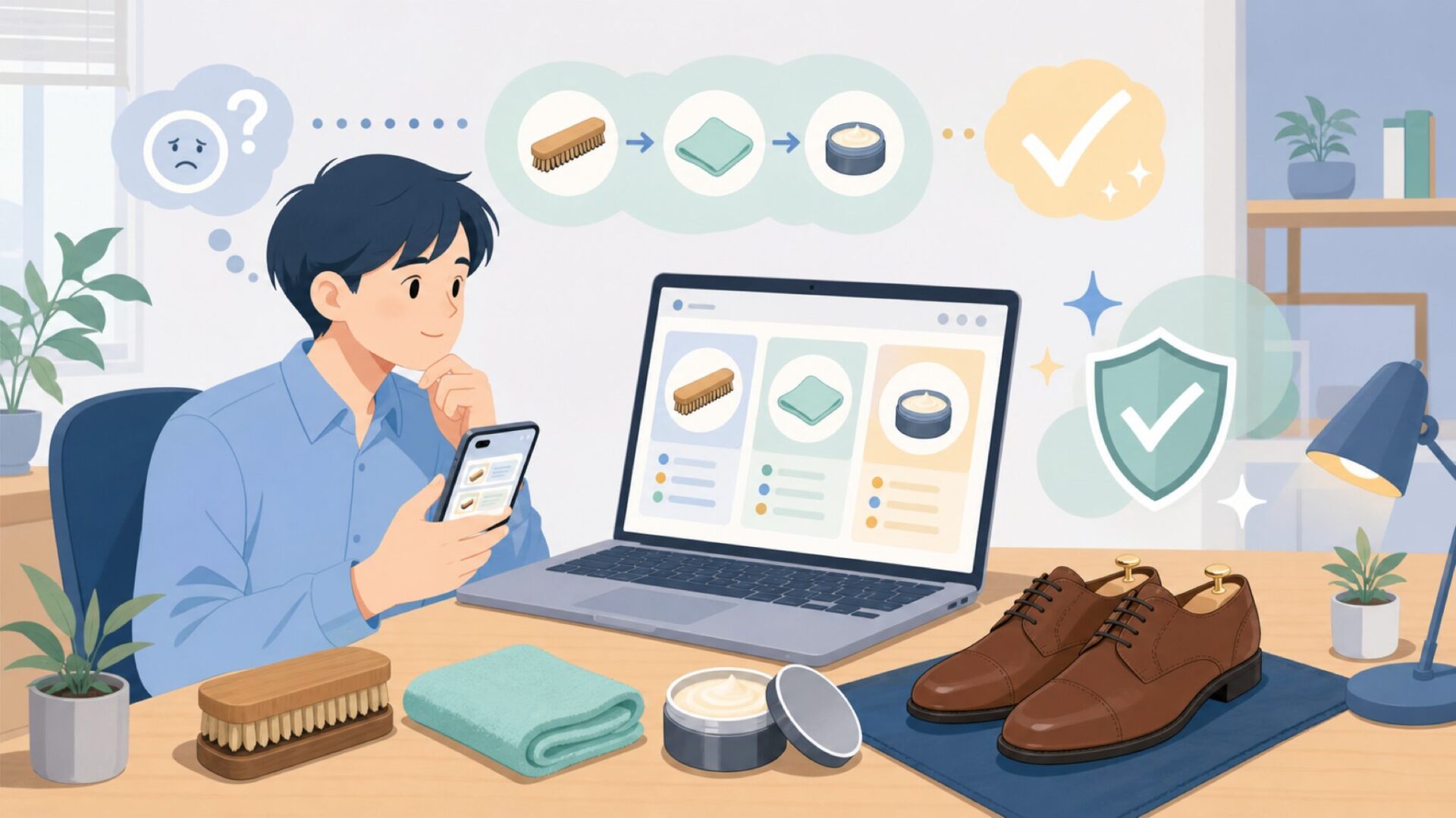 初心者でも失敗しにくいシューケアの始め方を表すイラスト