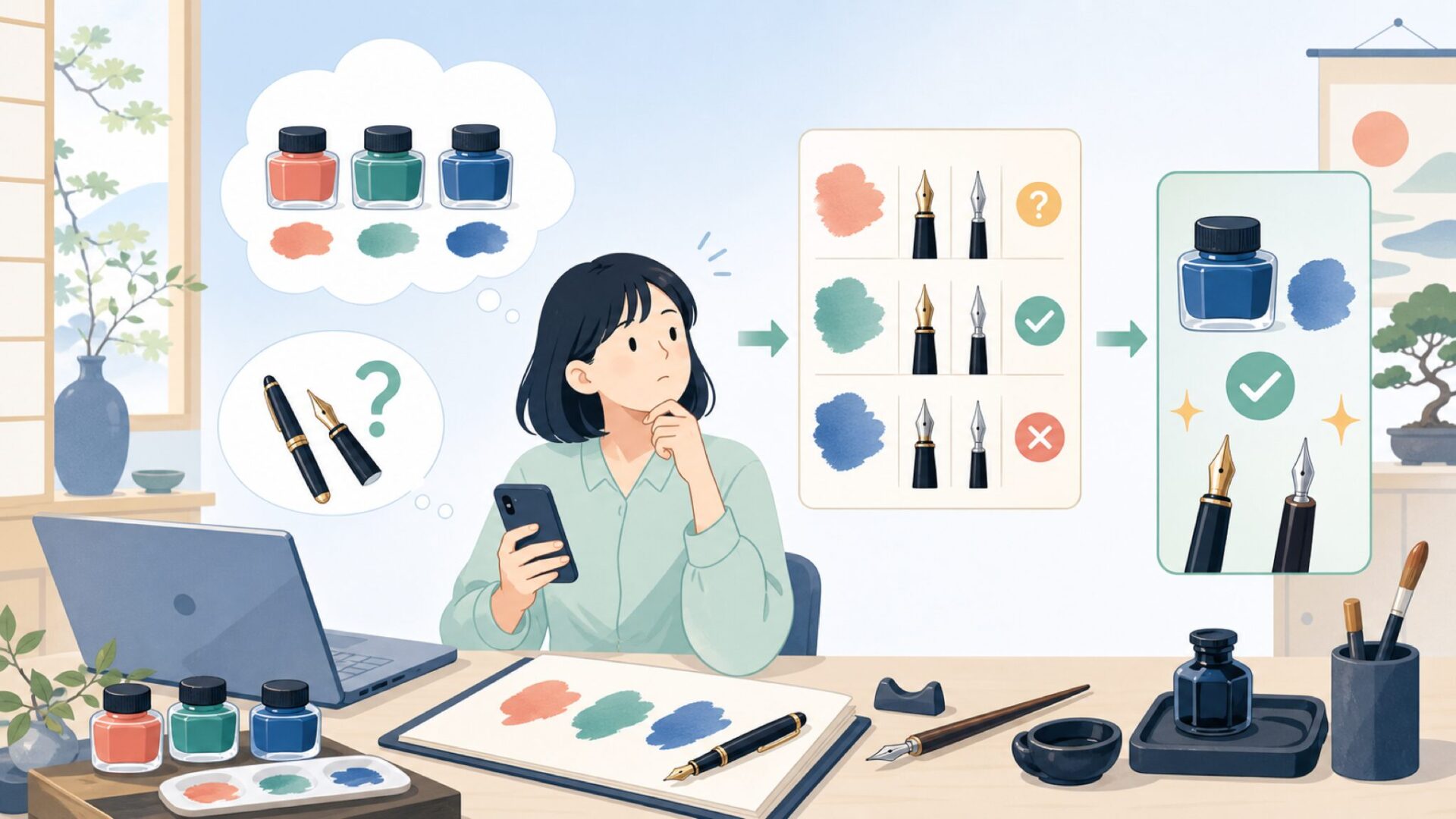 万年筆・カリグラフィーで使う前に知っておきたい注意点を表すイラスト