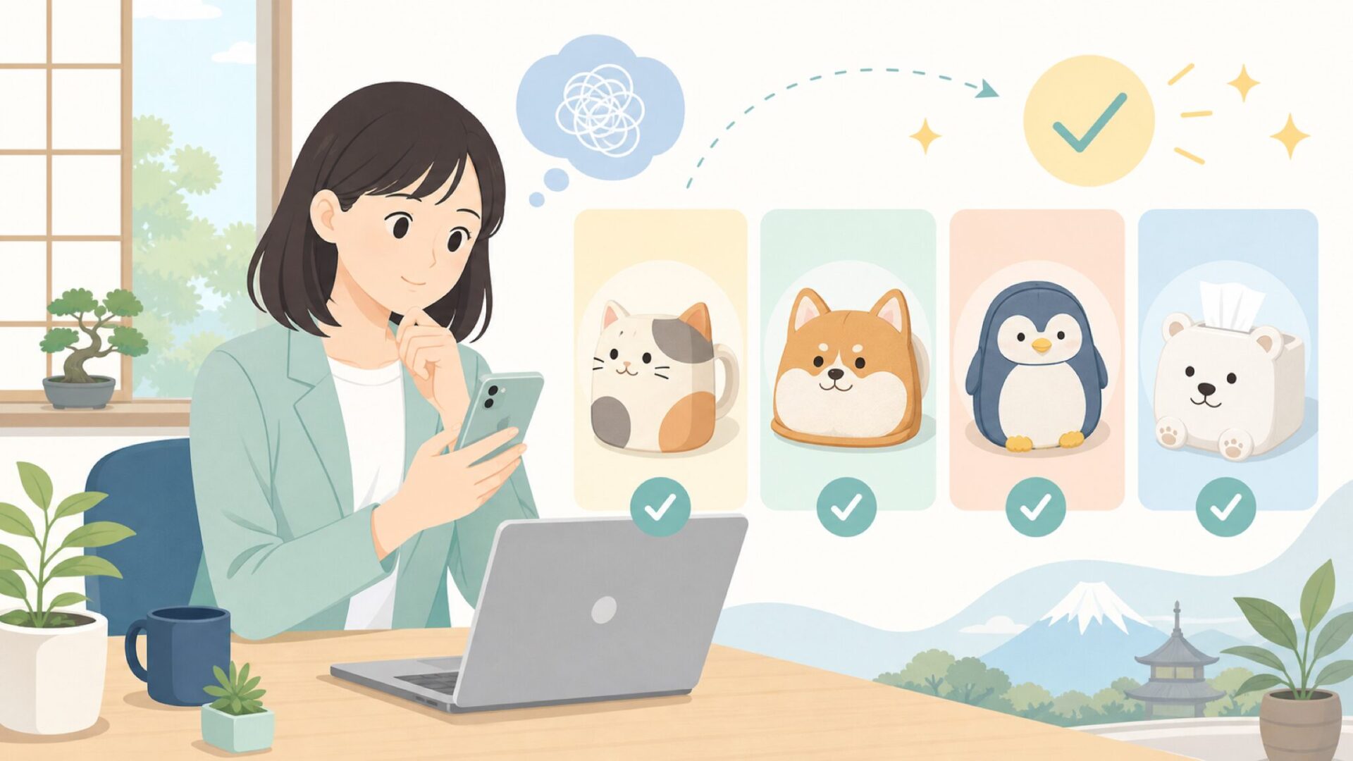 QUALYの代表的な動物グッズ——押さえておきたいアイテム4選を表すイラスト