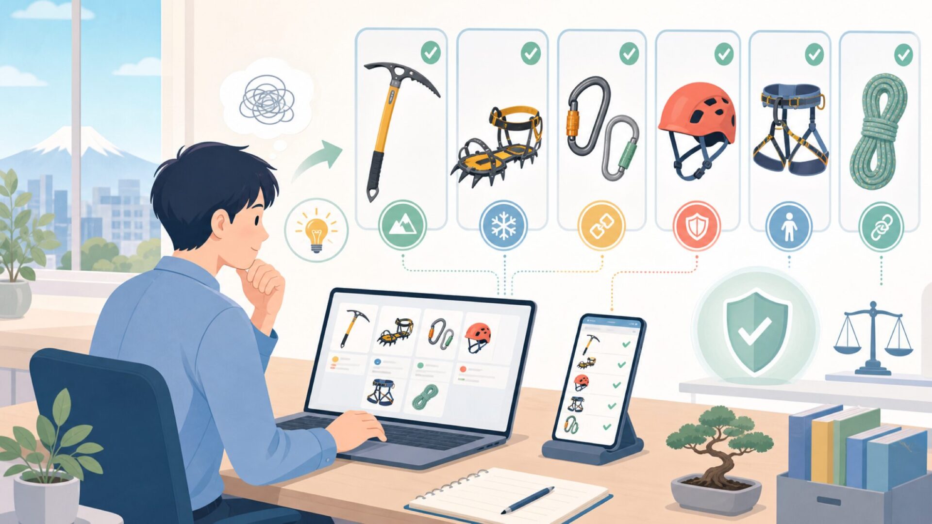 Grivelの代表的なクライミング用品と役割を表すイラスト