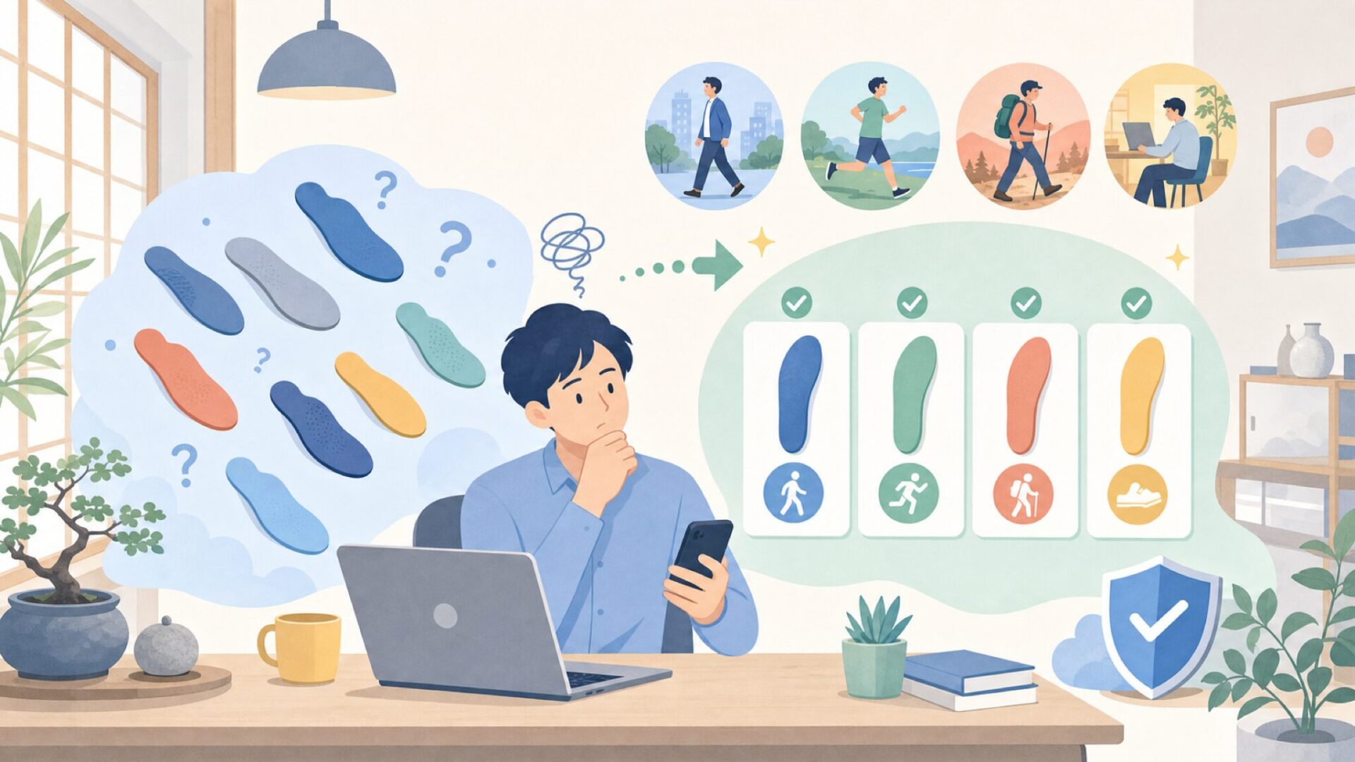 用途で選ぶSUPERfeetインソールの種類を表すイラスト