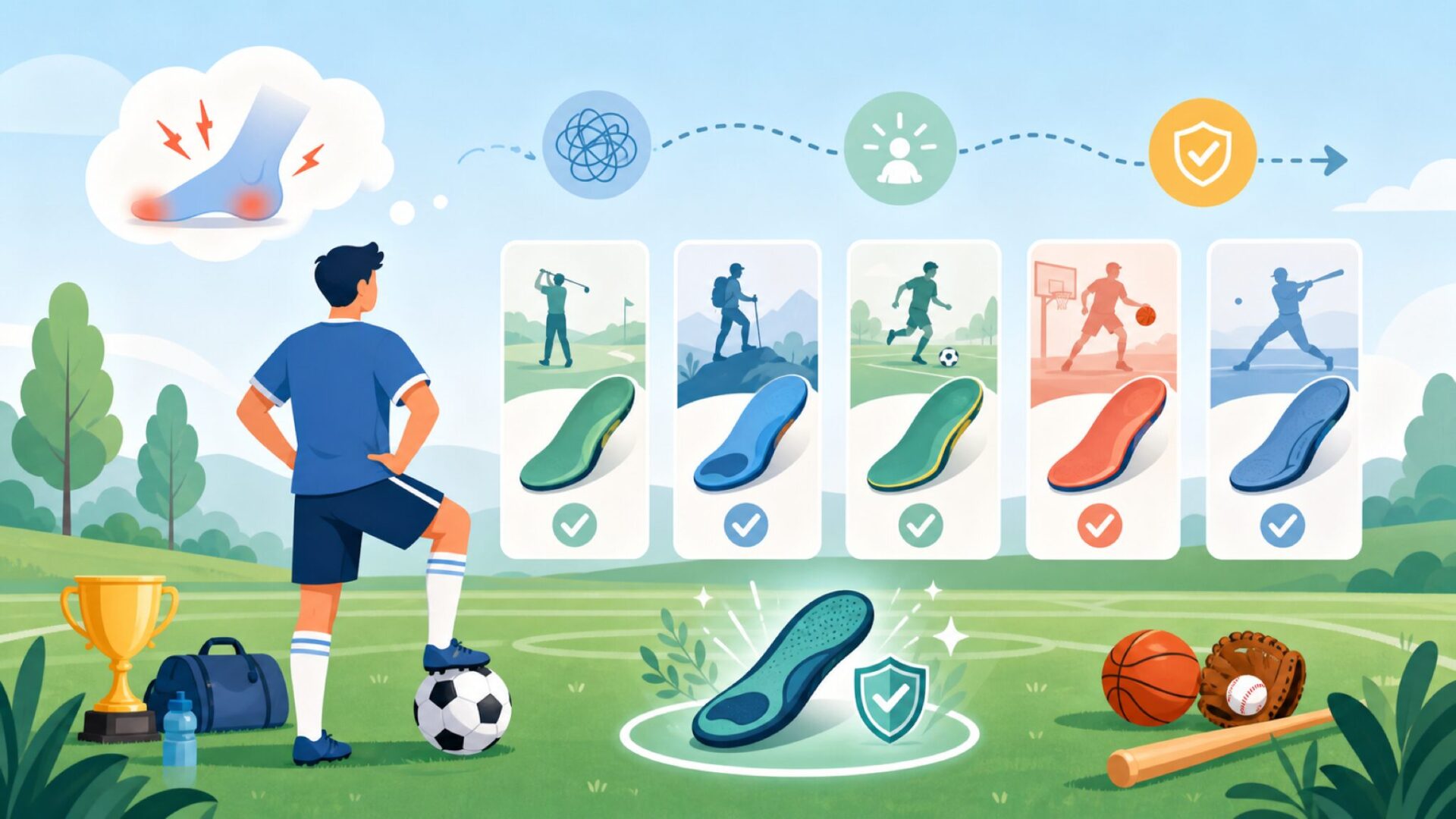 用途で選ぶSIDASインソール|スポーツ編(ゴルフ・登山・サッカー・バスケ・野球)を表すイラスト