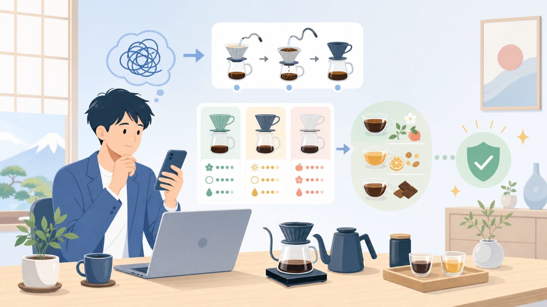実際に淹れてみると?使い方と味わいの特徴を表すイラスト
