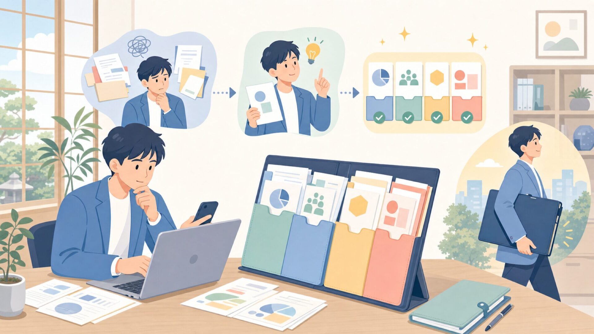 書類を分類して持ち運べるマルチパートファイルの使い方を表すイラスト