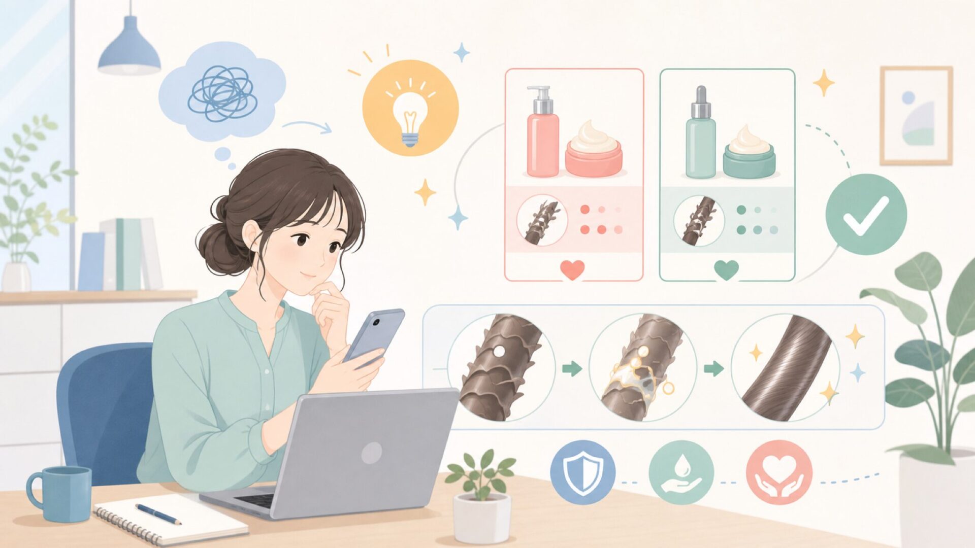 K18ヘアオイル・マスクのしくみと向いている髪質を表すイラスト