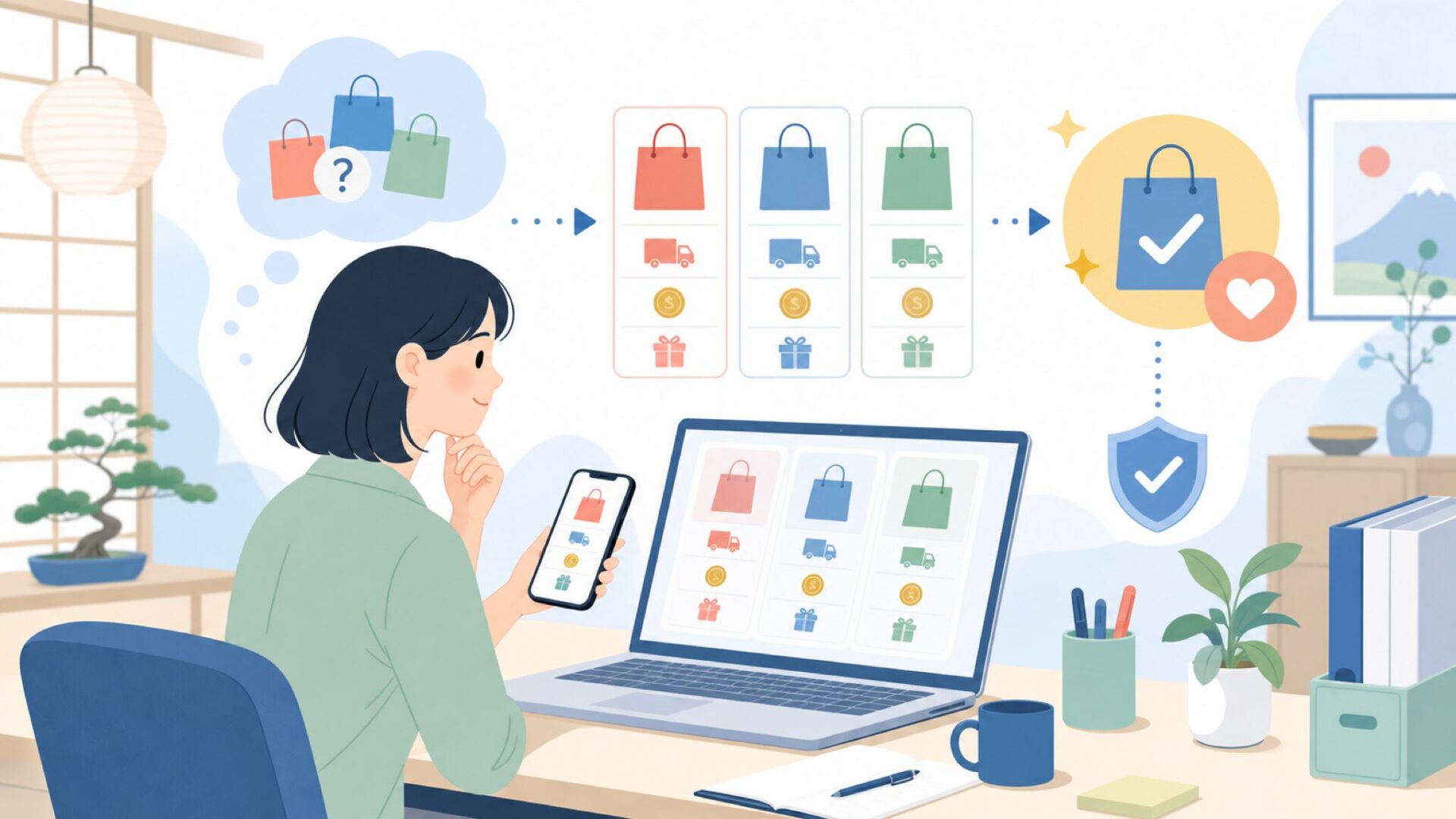 Qoo10・楽天・Amazon、どこで買うのが正解かを表すイラスト