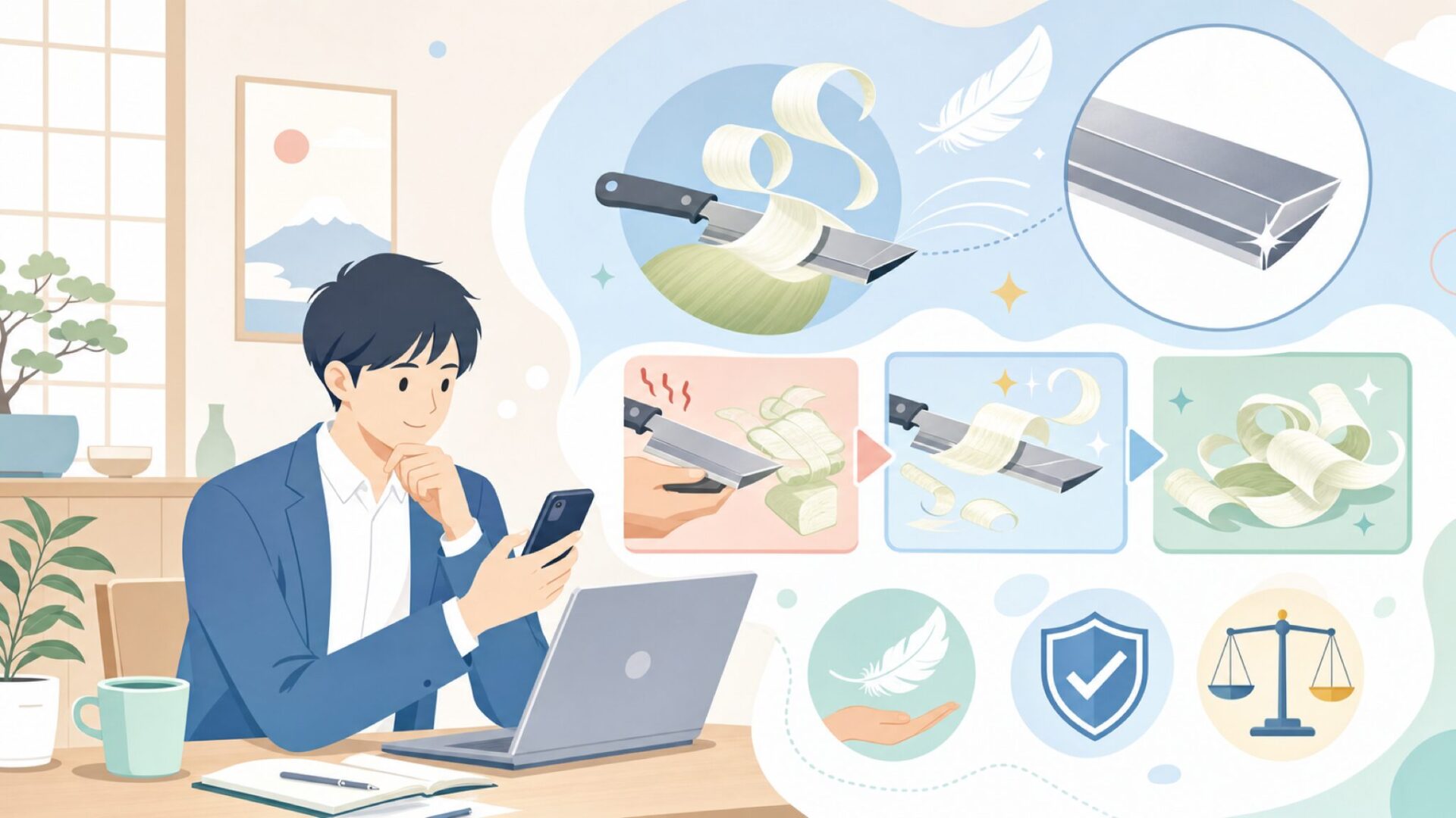 驚くほど軽い力でふわっと削れる、切れ味の秘密を表すイラスト