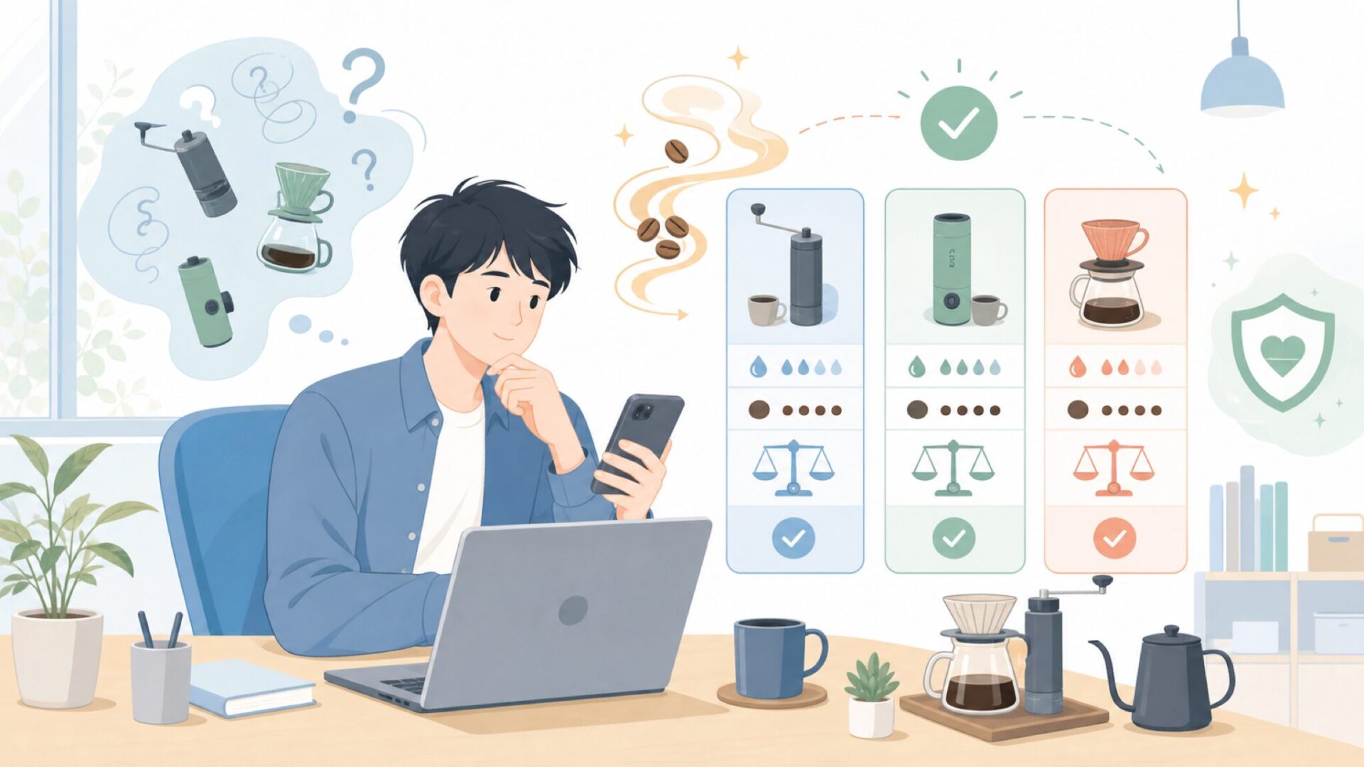 実際の味と抽出の安定感 — 挽きたてはどこまで美味しいかを表すイラスト