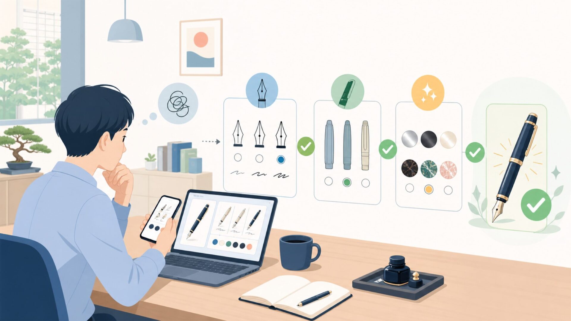 失敗しないKawecoの万年筆の選び方を表すイラスト