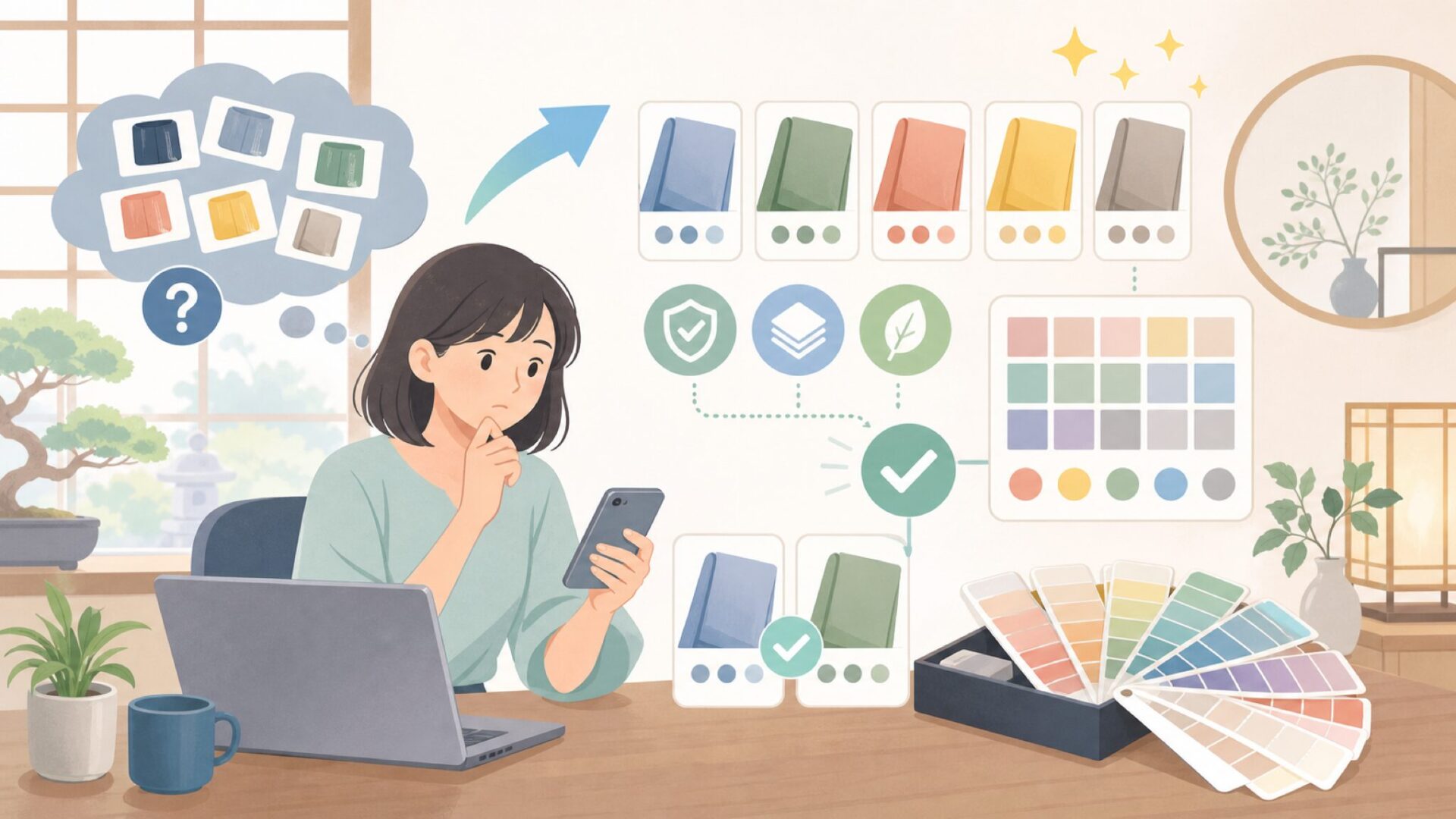 購入前に知っておきたいカラーチャートと色選びのコツを表すイラスト