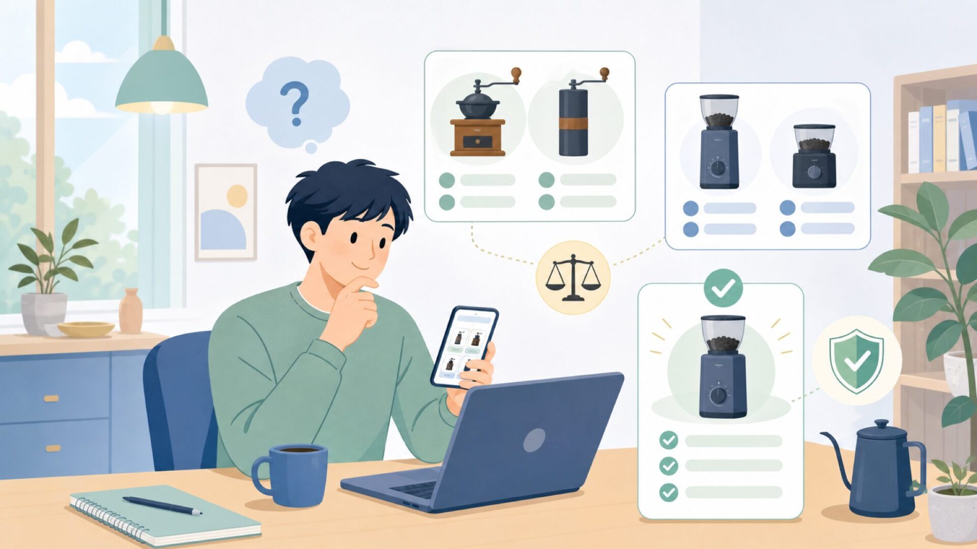 他のコーヒーミルとの比較で見えてくる選び方を表すイラスト