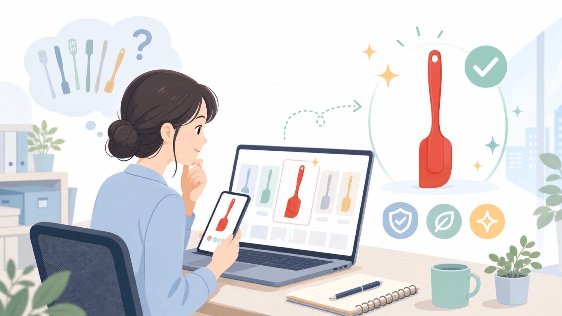 定番人気のシリコンスパチュラF10215をチェックを表すイラスト