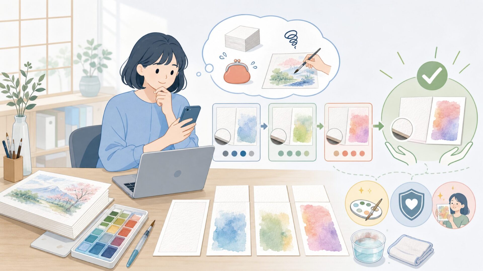 紙の素材と白さ・発色をチェックするを表すイラスト