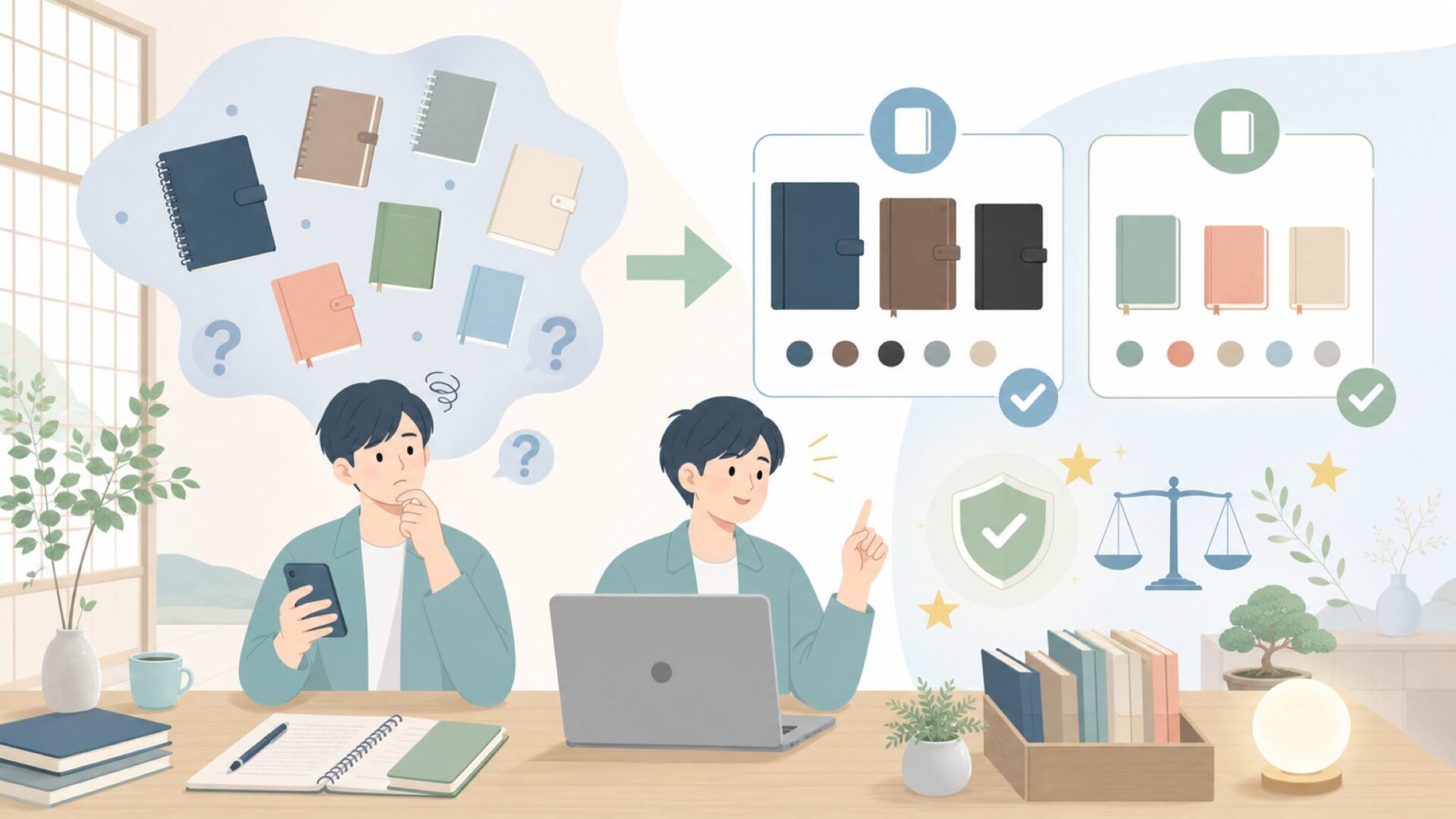 定番クラシックとA5サイズ、どれを選べば失敗しない？を表すイラスト