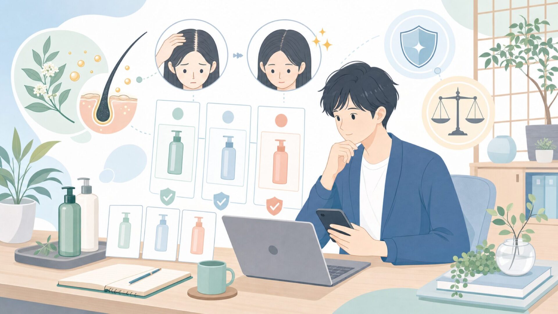 フィトカフェインは抜け毛やボリューム悩みにどう役立つとされているかを表すイラスト