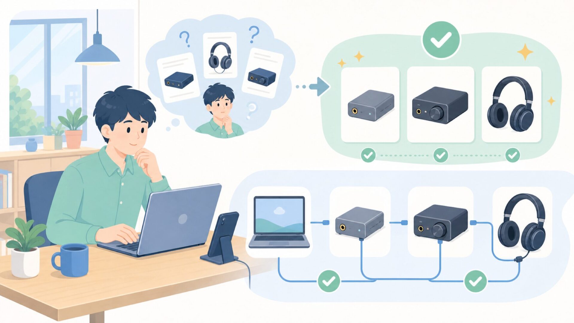 DAC単体で終わらせない。ヘッドフォンアンプとの組み合わせ方を表すイラスト