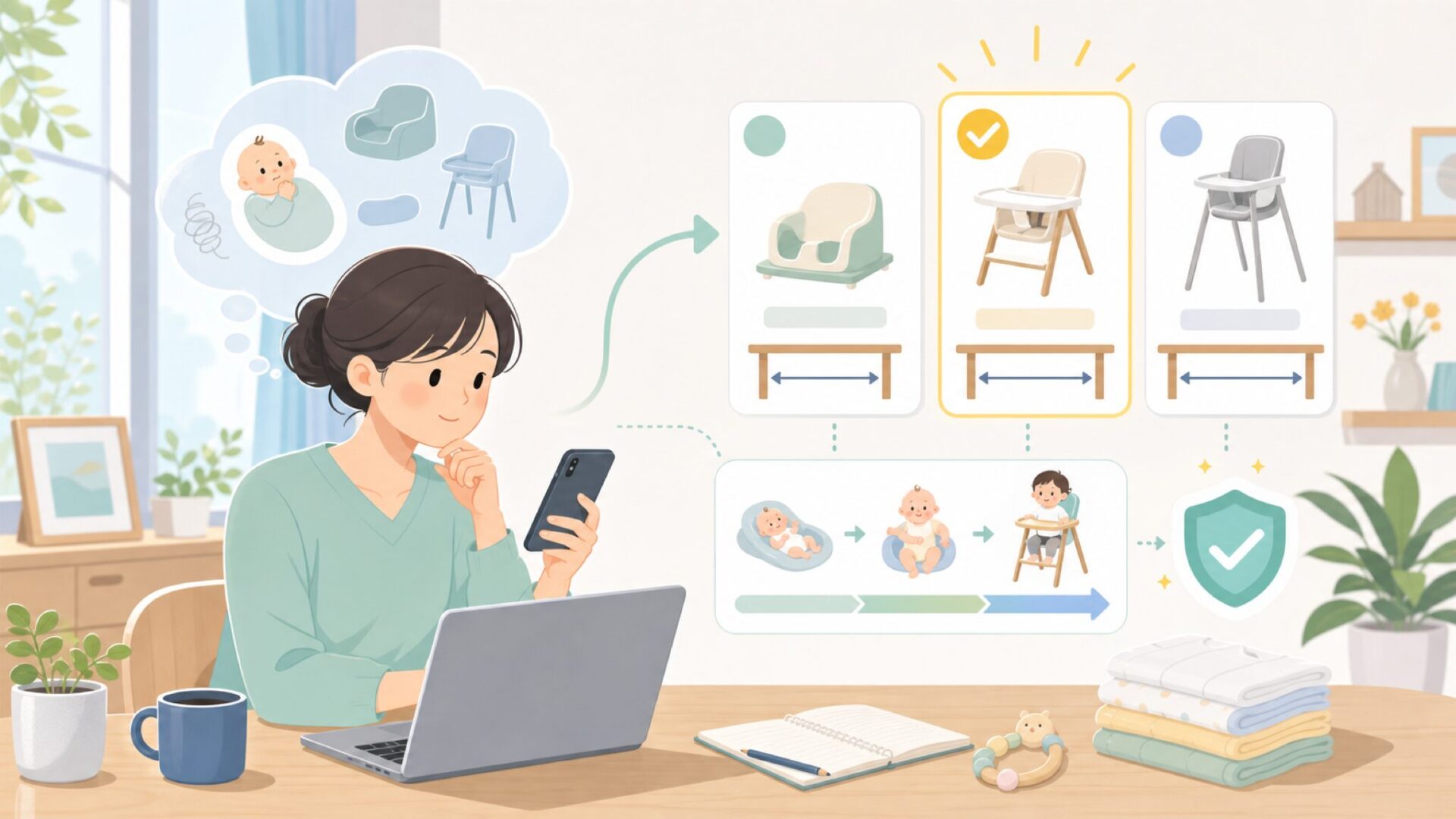 テーブル幅・月齢で選ぶ、サイズと種類の見極め方を表すイラスト