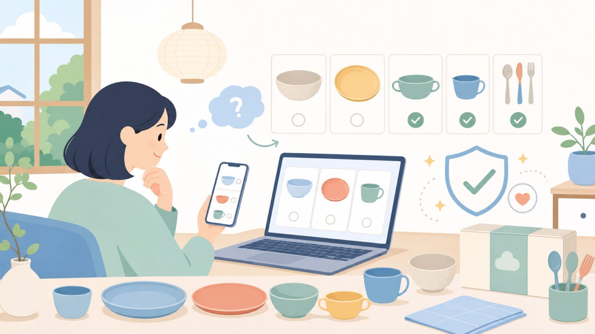 mushieの食器ラインナップと人気アイテムを表すイラスト