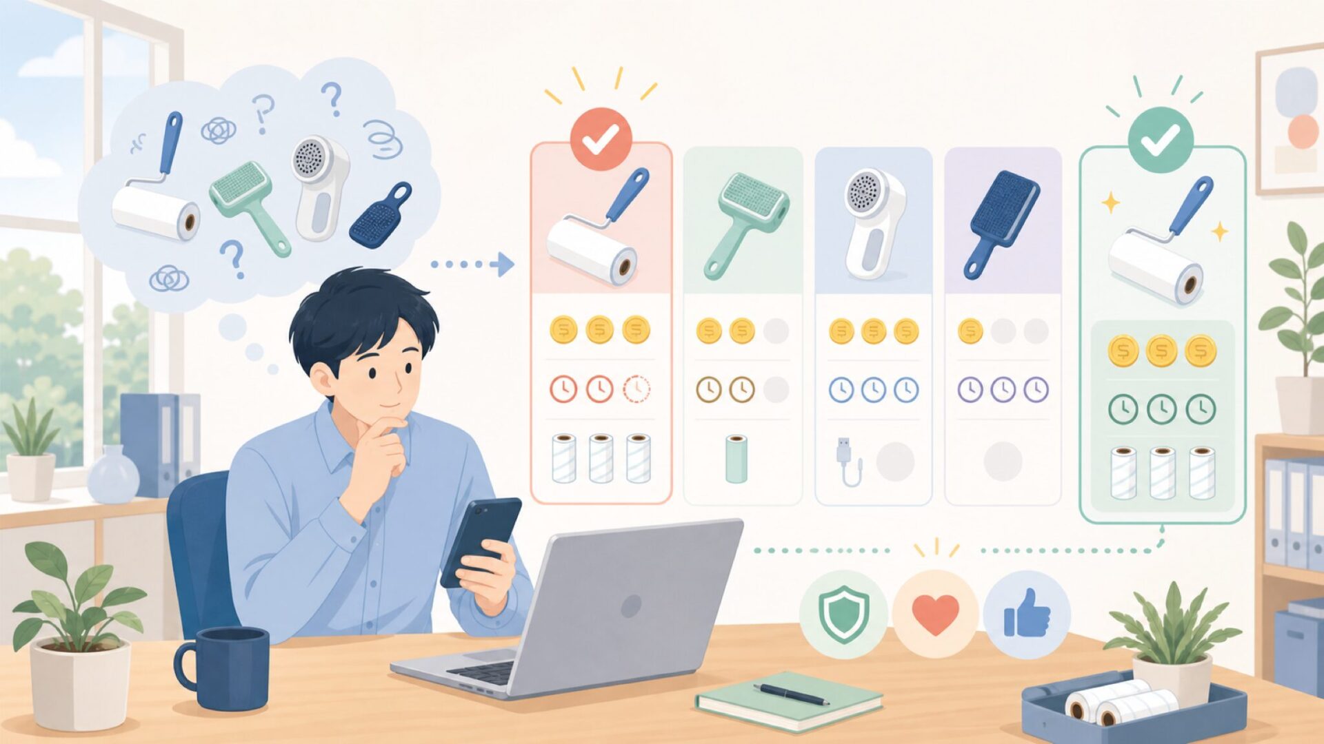 粘着ローラーとの違いは?コスパと手間を比較を表すイラスト