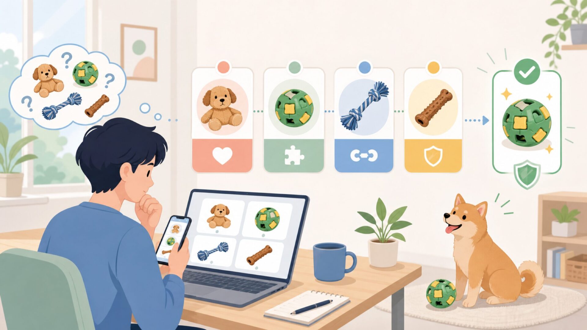 P.L.A.Y.の犬おもちゃの種類と遊び方の特徴を表すイラスト