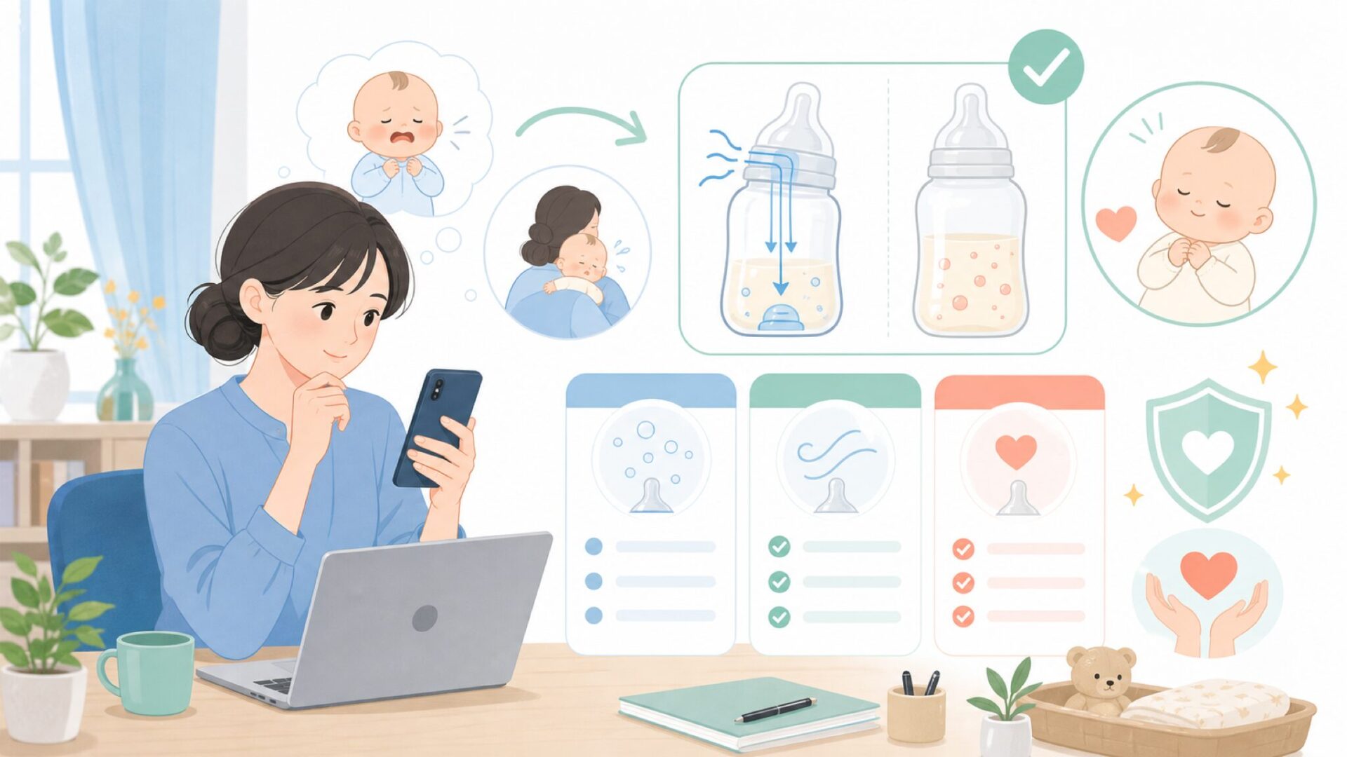 Anti-Colic(アンチコリック)構造とは?げっぷ・吐き戻し対策として選ばれる理由を表すイラスト
