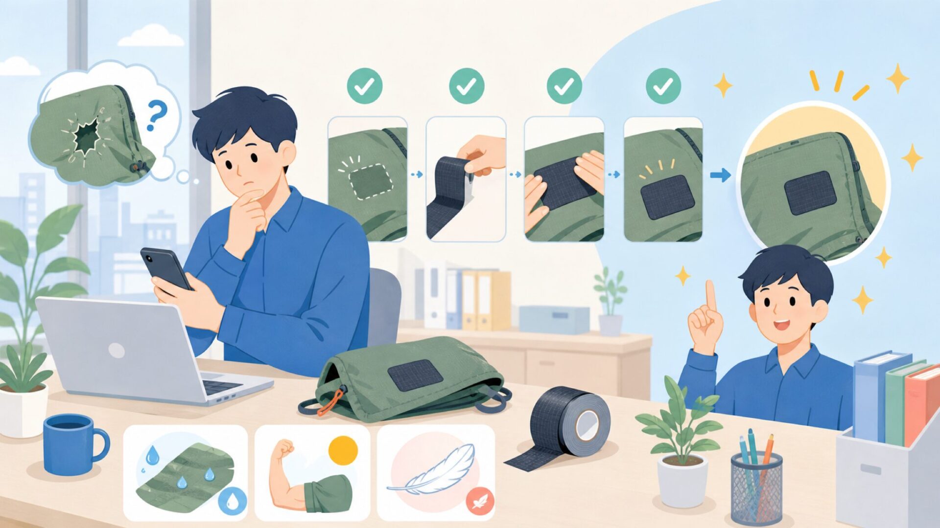 GEAR AIDテネシアスリペアテープの基本と使い方を表すイラスト
