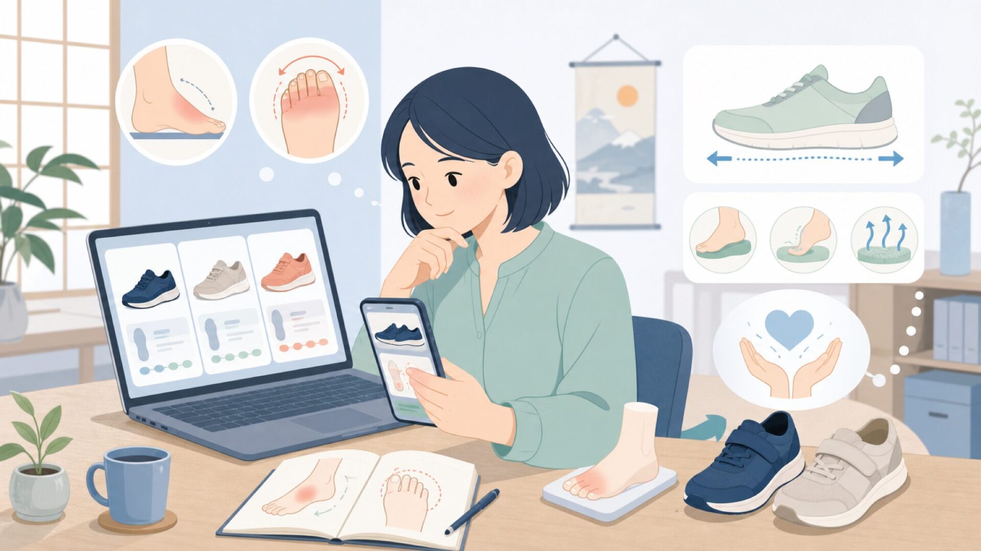 幅広・歩きやすさで選ばれる理由 — 足の悩み別に見る設計の工夫を表すイラスト