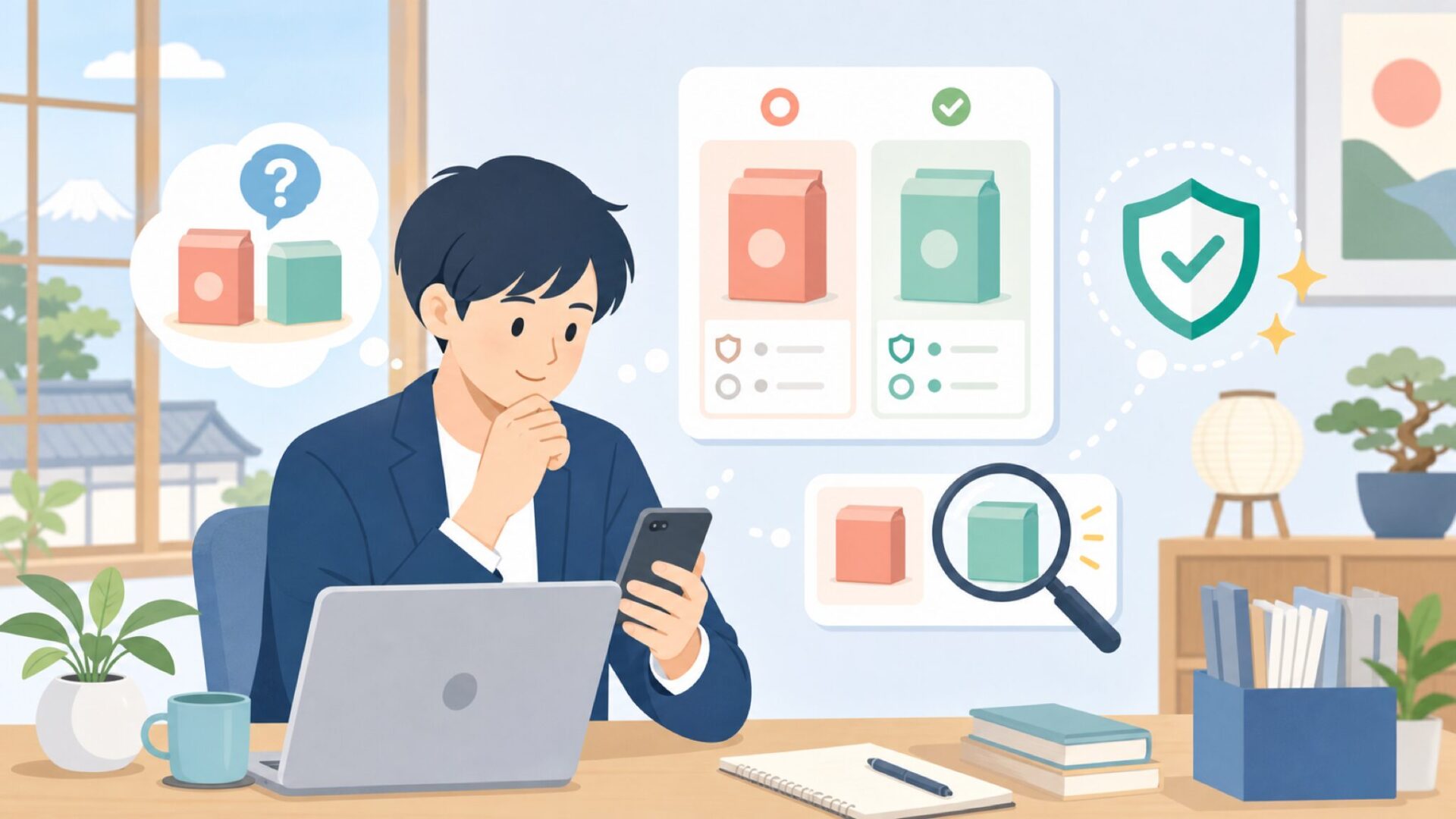 「偽物かも」という不安を解消するための正規品の見分け方を表すイラスト
