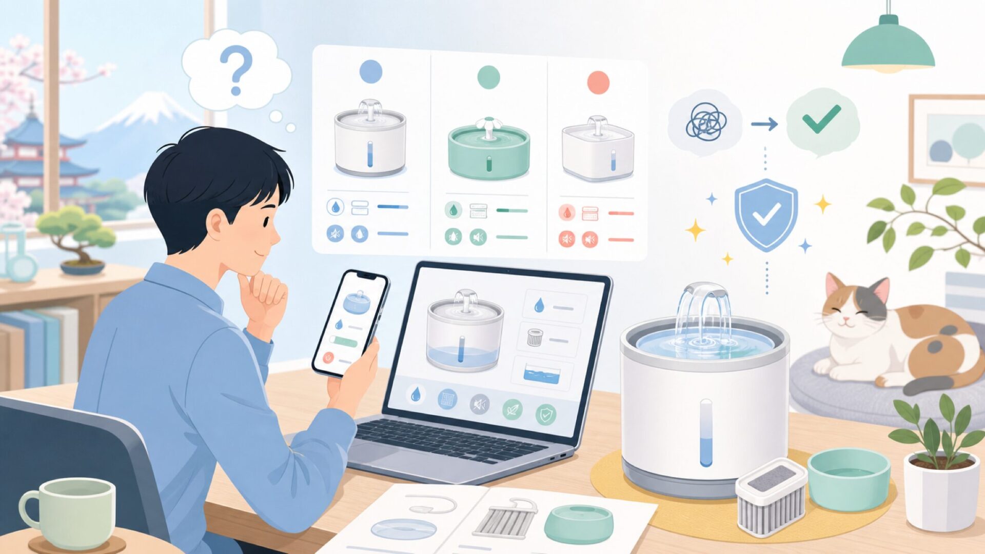 uahpet自動給水器の機能と使い方を表すイラスト