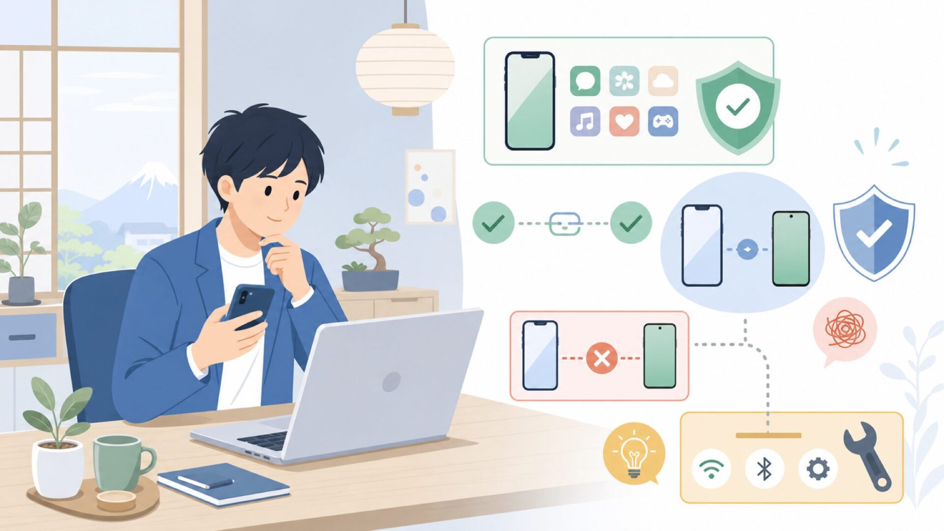 対応アプリとiPhone(iOS)・Android接続方法、つながらない時の対処を表すイラスト