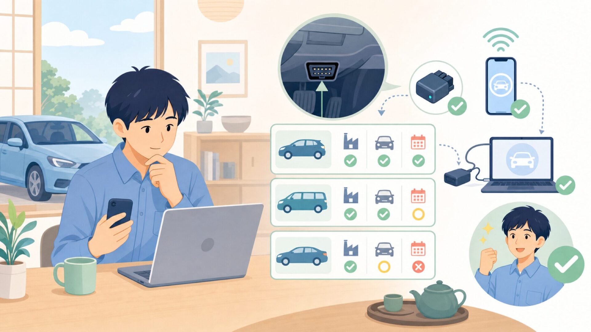 自分の車がOBDLinkに対応しているか確認する方法を表すイラスト