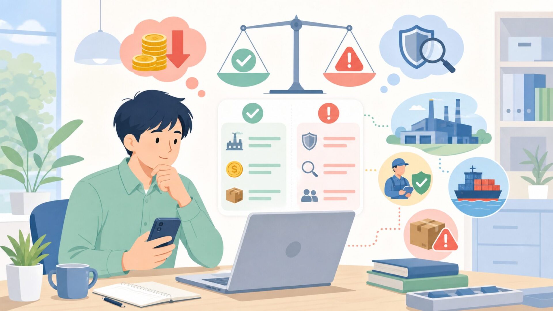 中国メーカーであることのメリットとデメリットを表すイラスト
