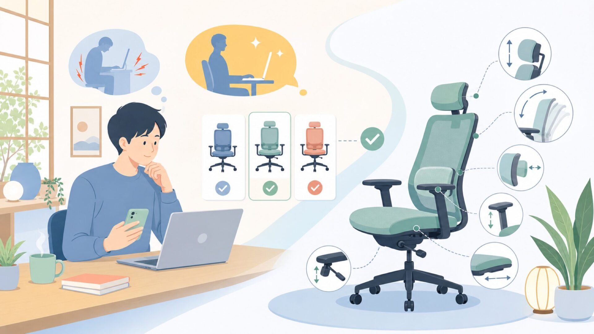座り心地を左右する調整機能をチェックするを表すイラスト
