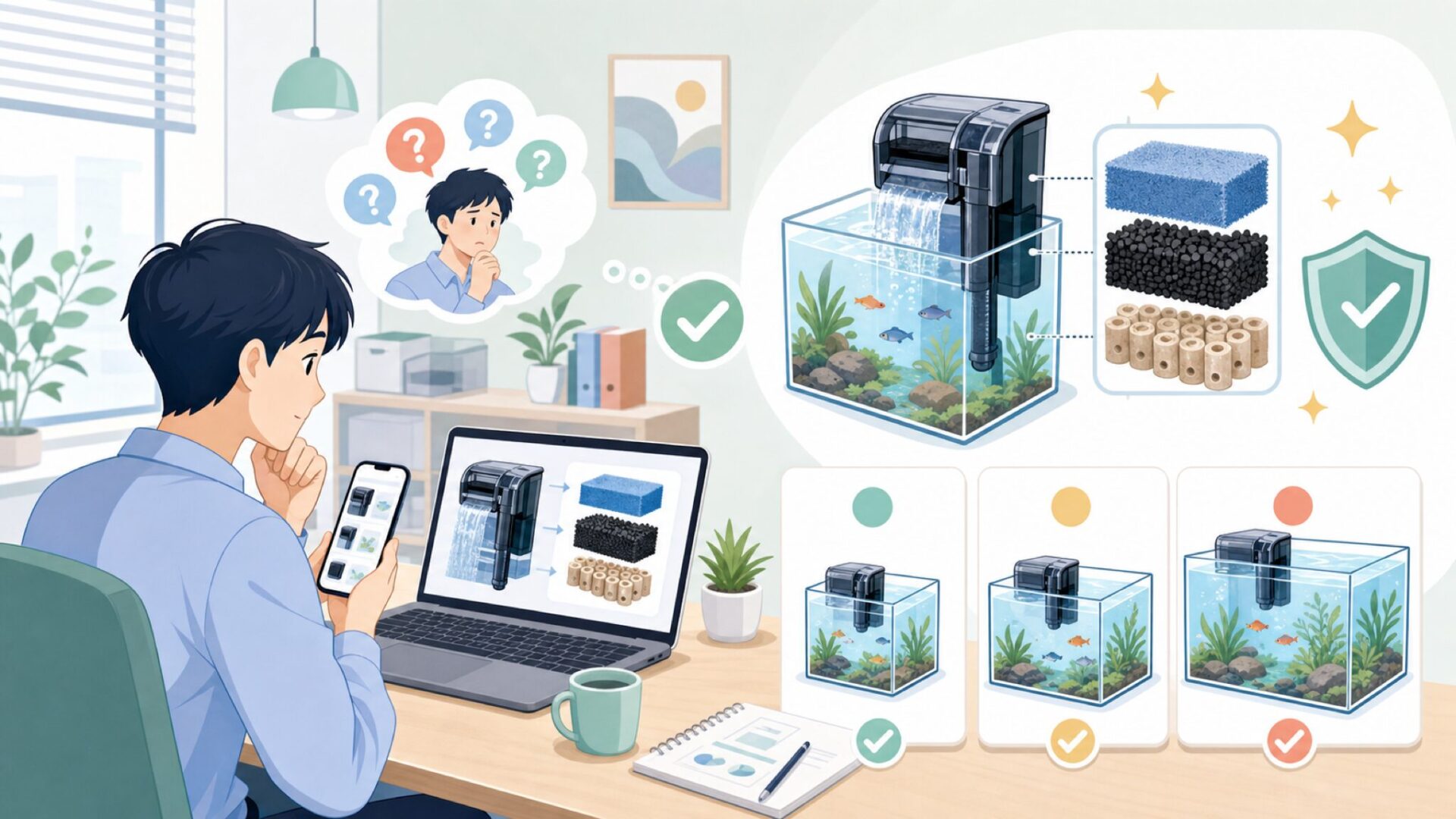 AquaClearフィルターの仕組みと対応サイズを知っておくを表すイラスト