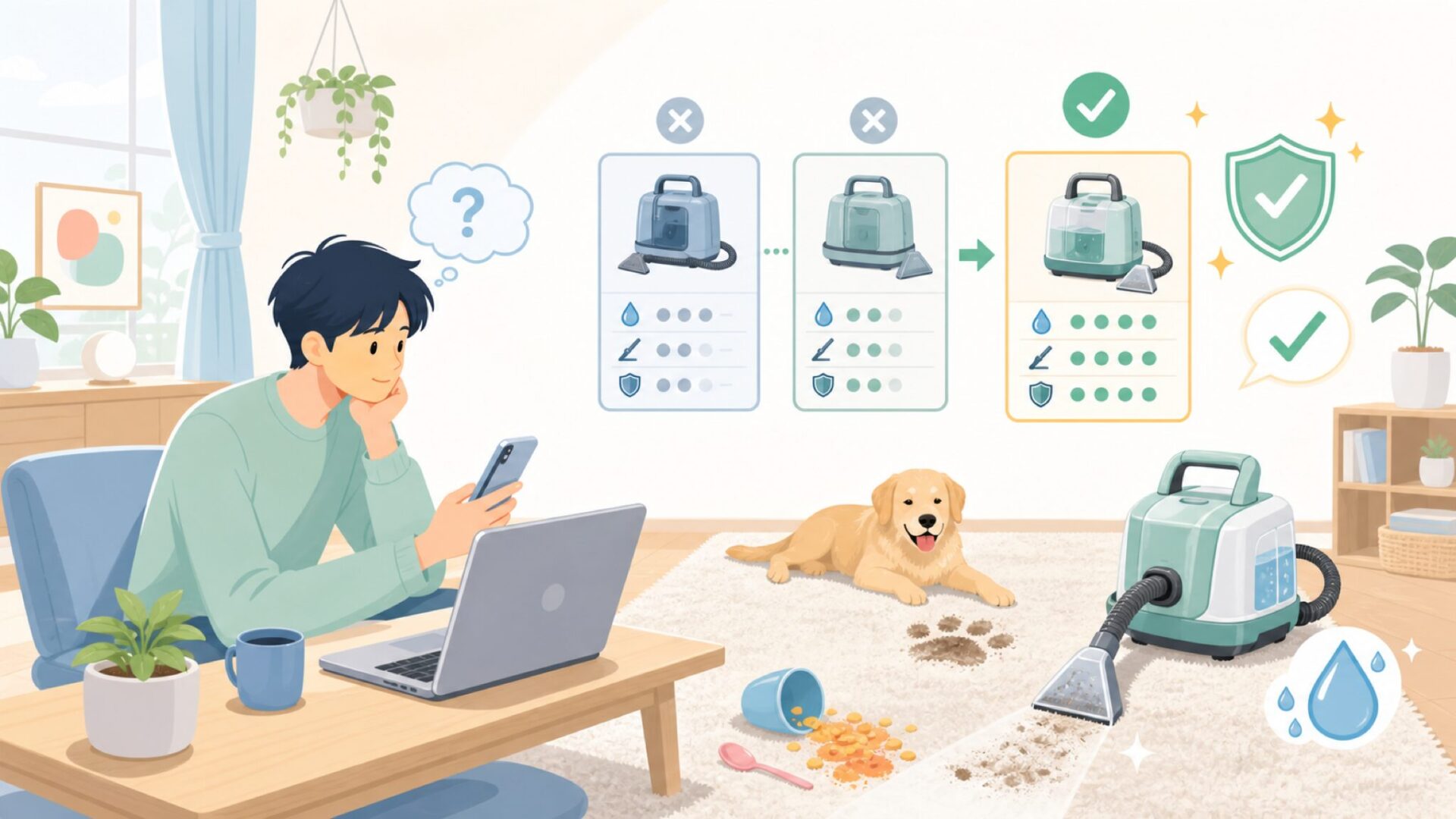ペット・カーペット汚れに強いBissellのウェットクリーナー活用術を表すイラスト