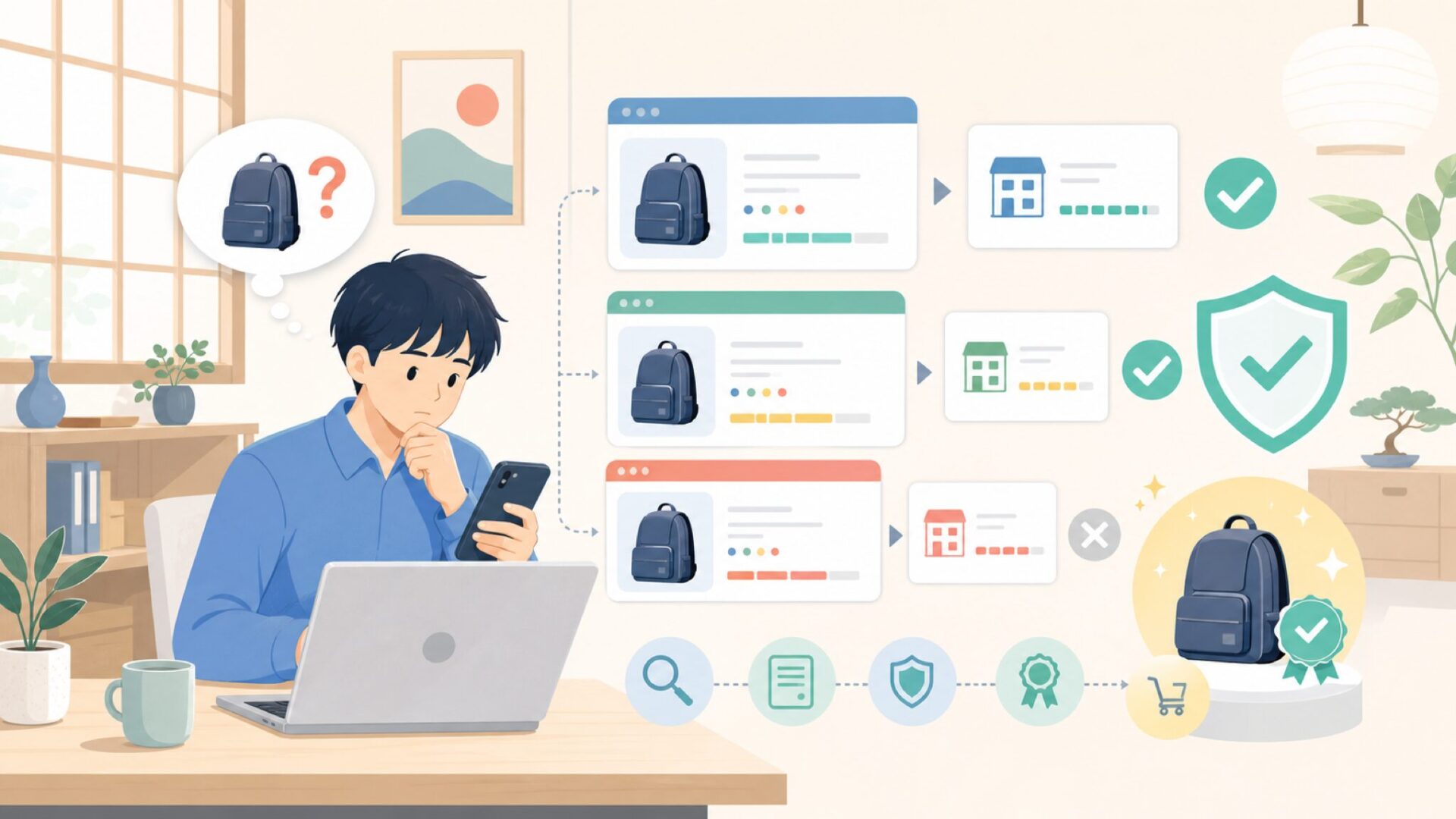 購入前に確認したい「どこで買えるか」と正規品の判断基準を表すイラスト