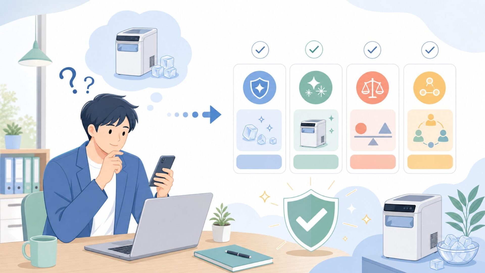 信頼できる製氷機メーカーを選ぶ4つの視点を表すイラスト
