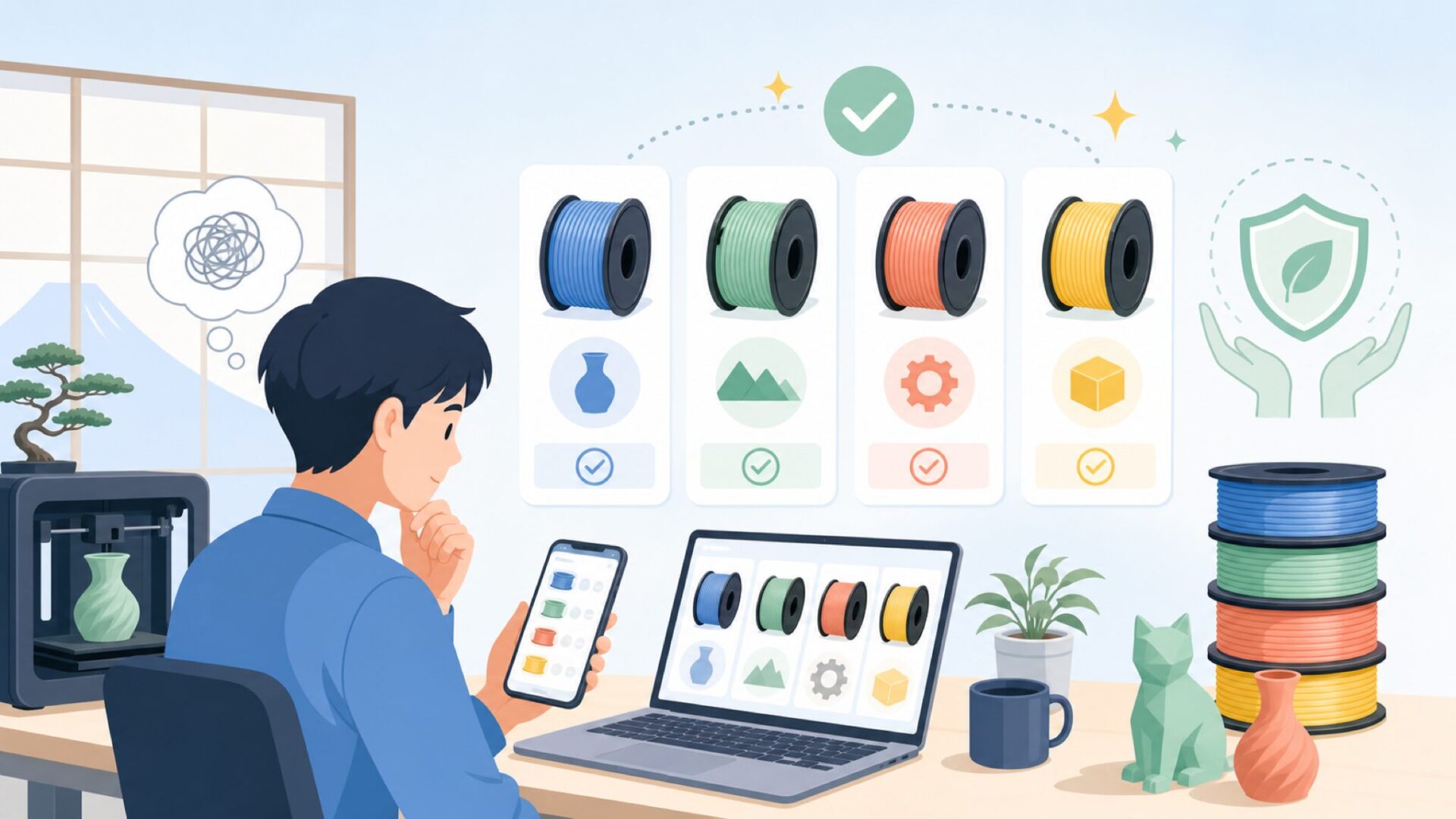 用途に合わせたOVERTUREフィラメントの種類の選び方を表すイラスト