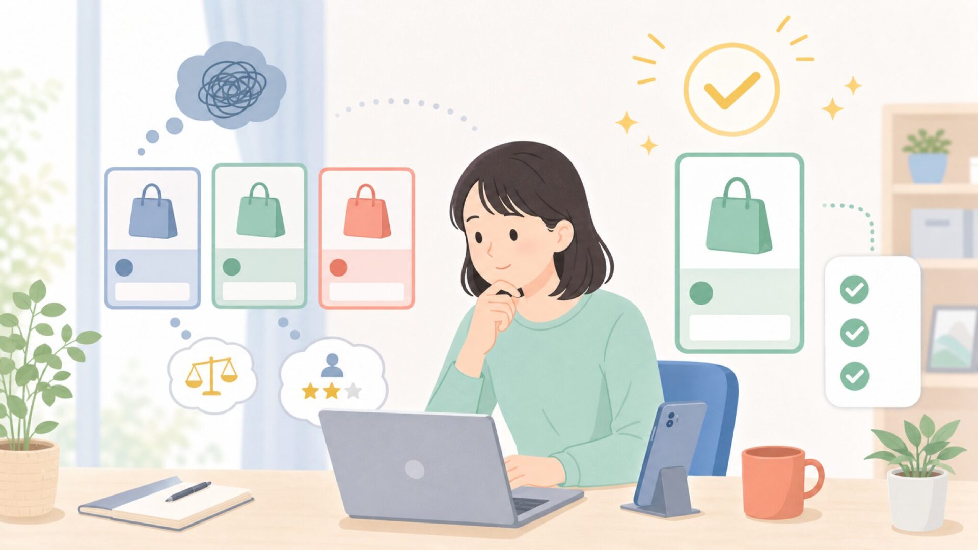 価格差とレビューから見る購入前のチェックポイントを表すイラスト
