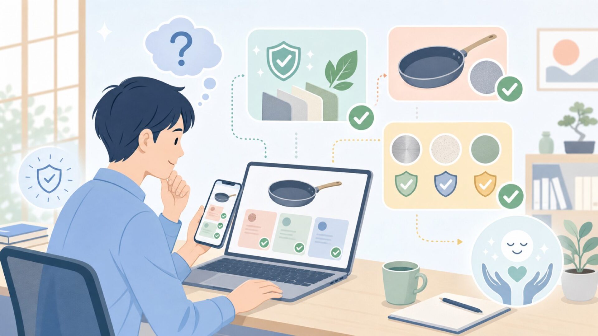 安全性は大丈夫?PFAS不使用と素材をチェックを表すイラスト