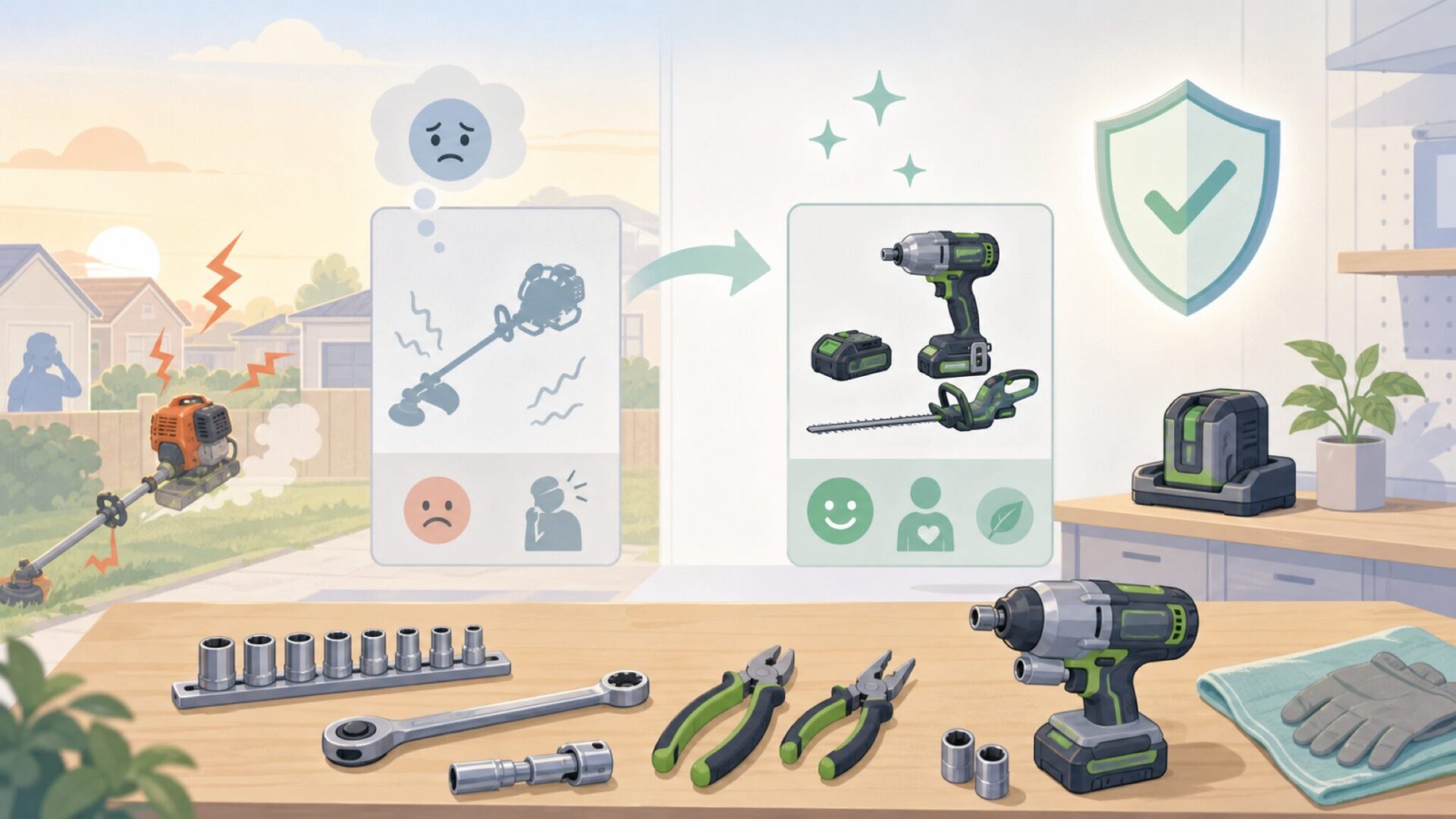 エンジン工具からEGO Power+に乗り換えるメリットを表すイラスト