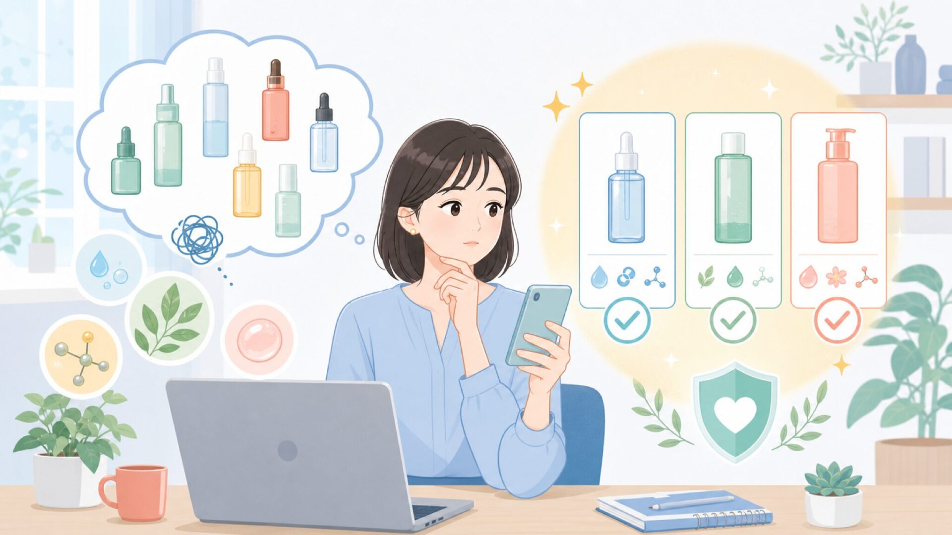人気美容液・トナーの成分と特徴を表すイラスト