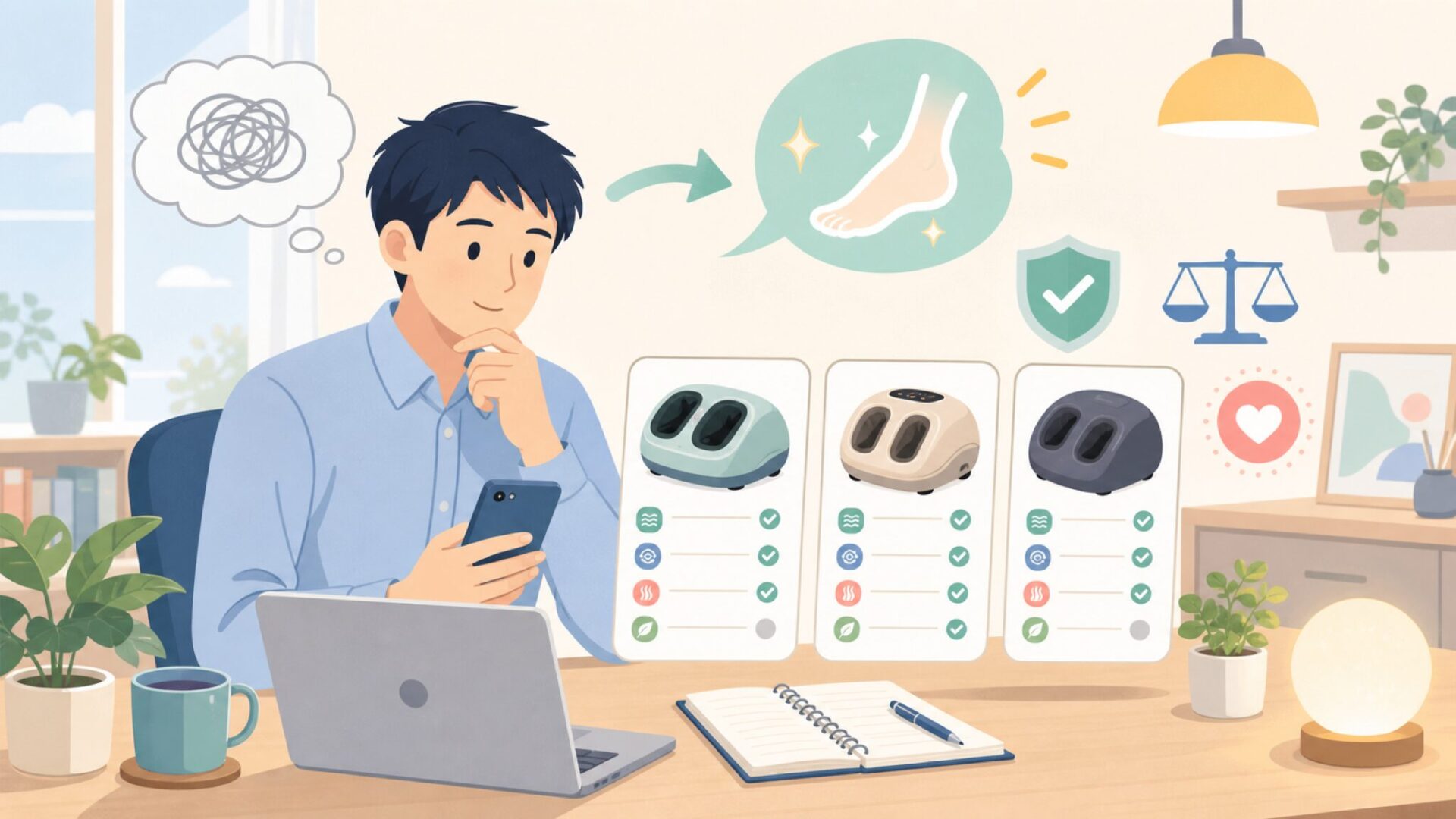 Mikoフットマッサージャーの機能と特徴を表すイラスト