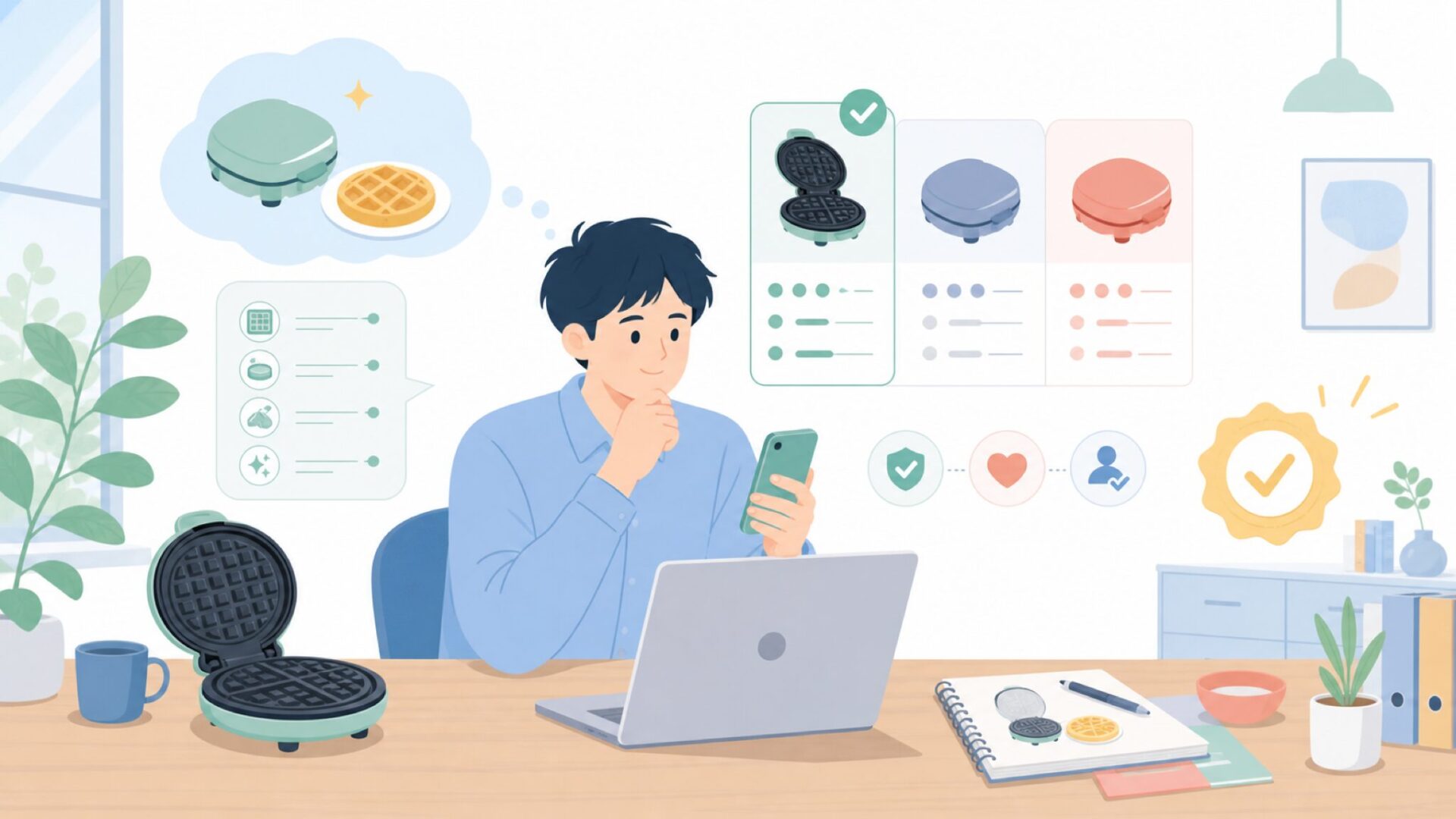 商品情報でわかるDashワッフルメーカーの仕様と使い方を表すイラスト